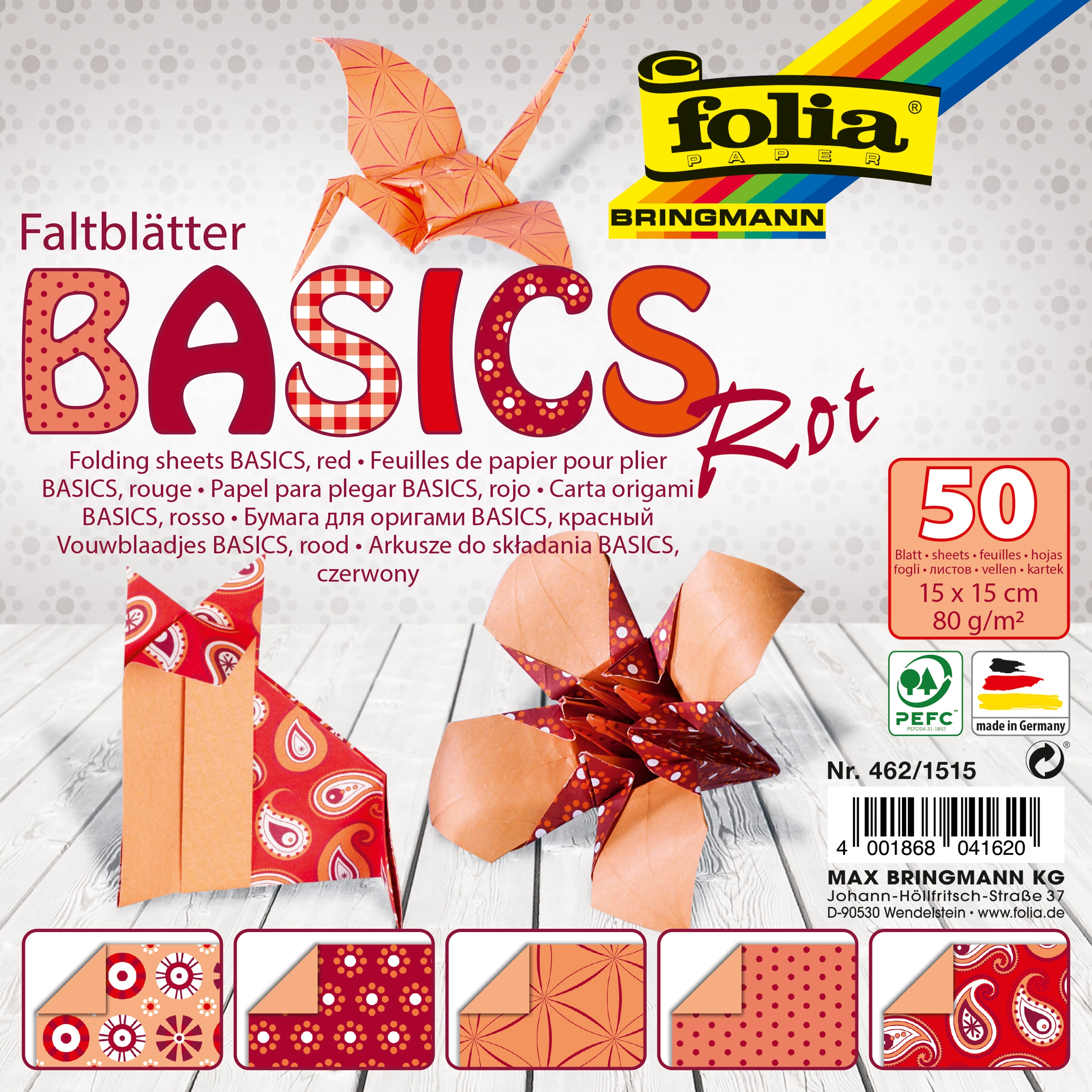 Origamipapier, Basics, Rot, 15 x 15 cm, 80 g/m², 50 Blatt