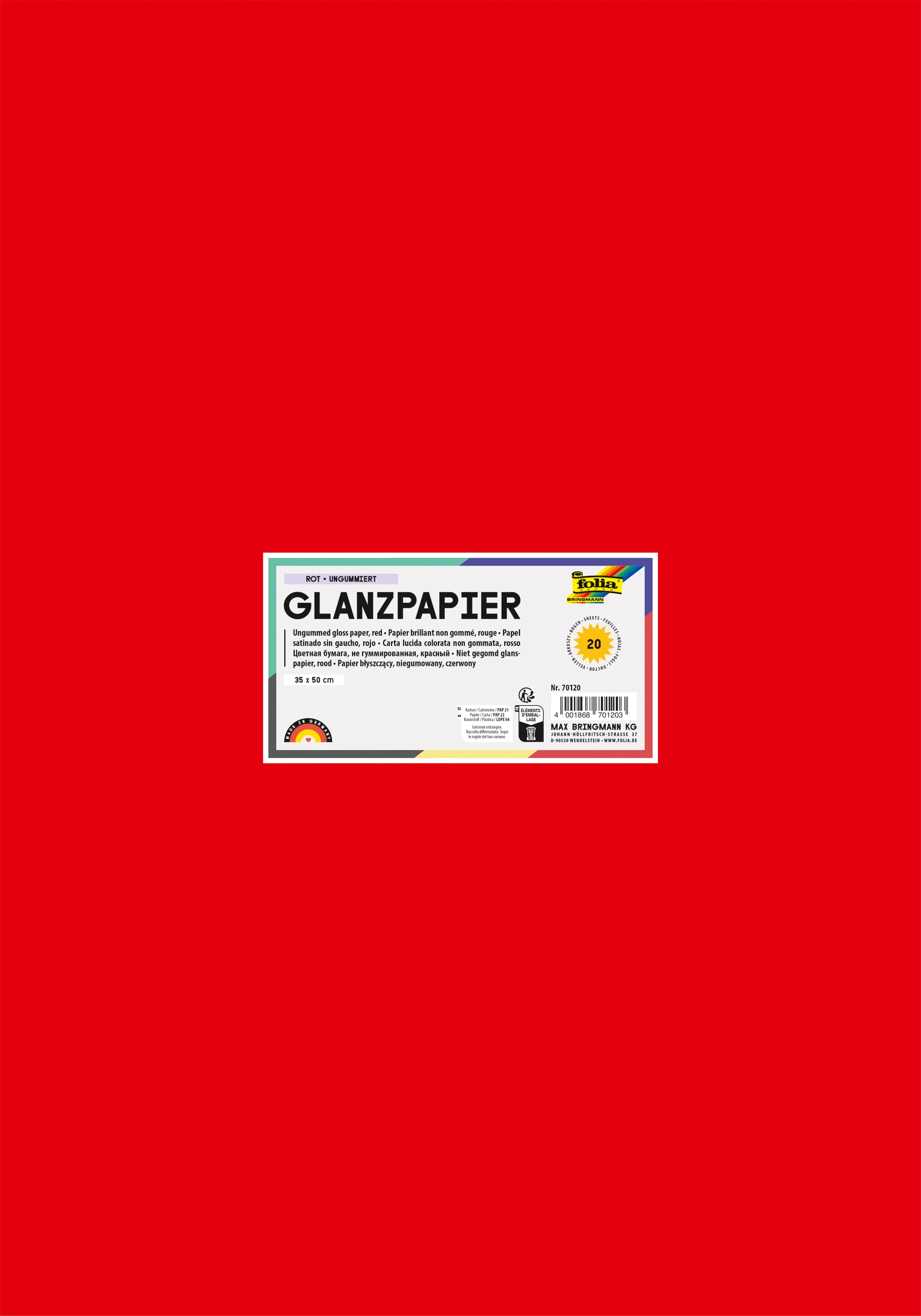 Glanzpapier, Rot, Ungummiert, 35 x 50 cm, 80 g/m², 20 Blatt