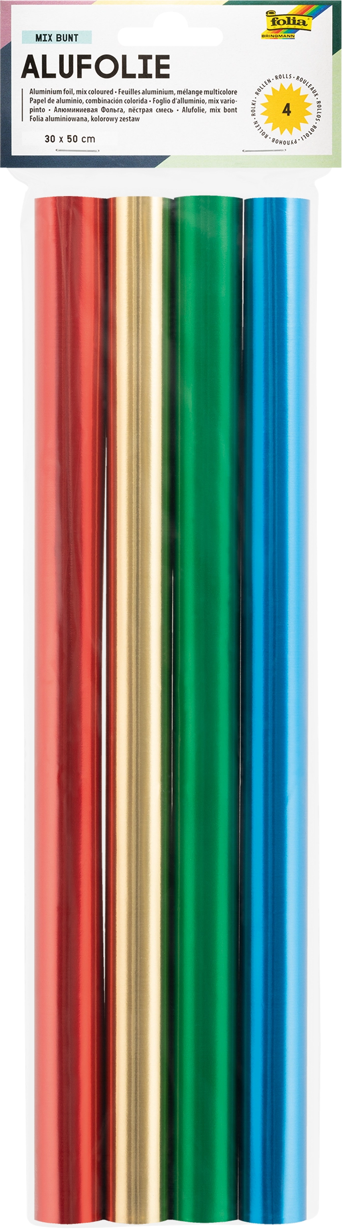 Alufolie, Mix Bunt, 30 x 50 cm, 4 Rollen