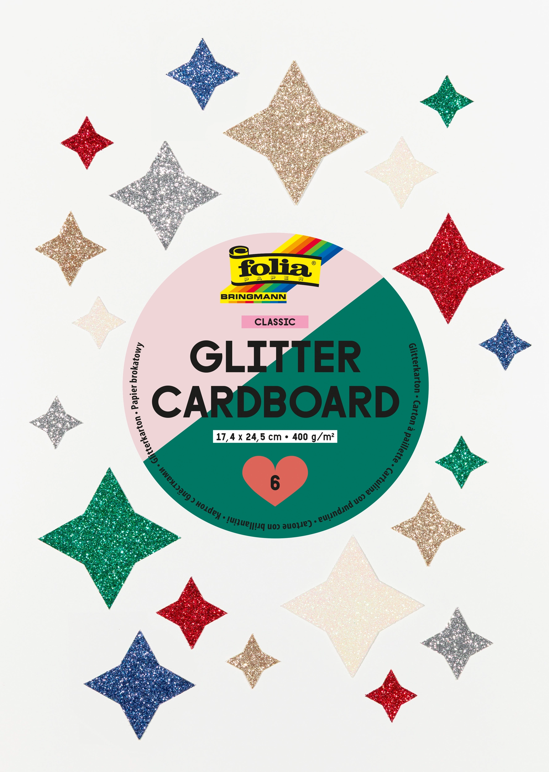 Glitter Cardboard Pad, Classic, 17,4 x 24,5 cm, 300 g/m², 6 sheets