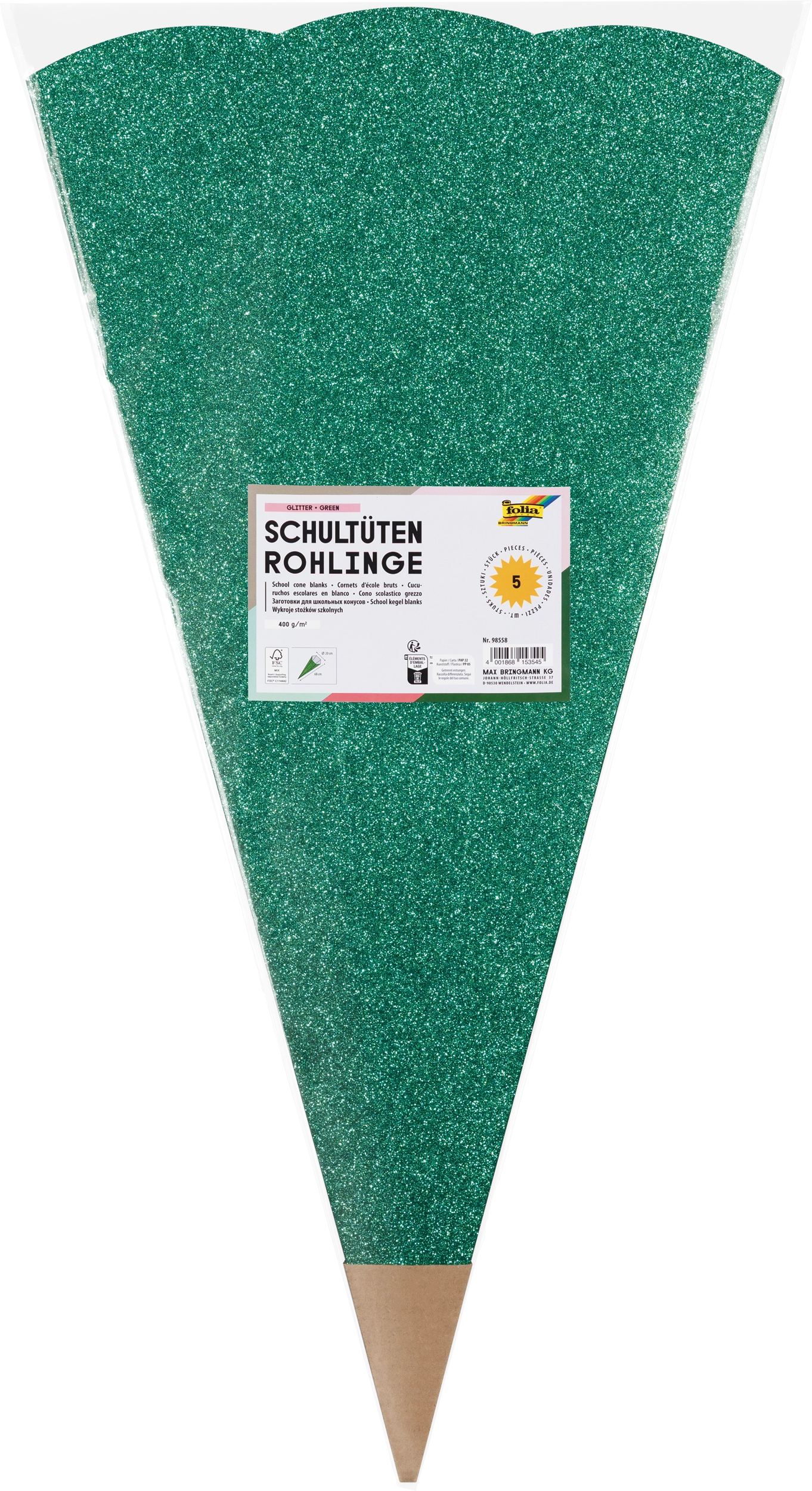 School Cone Blanks, Glitter Green, 400 g/m², 5 pieces