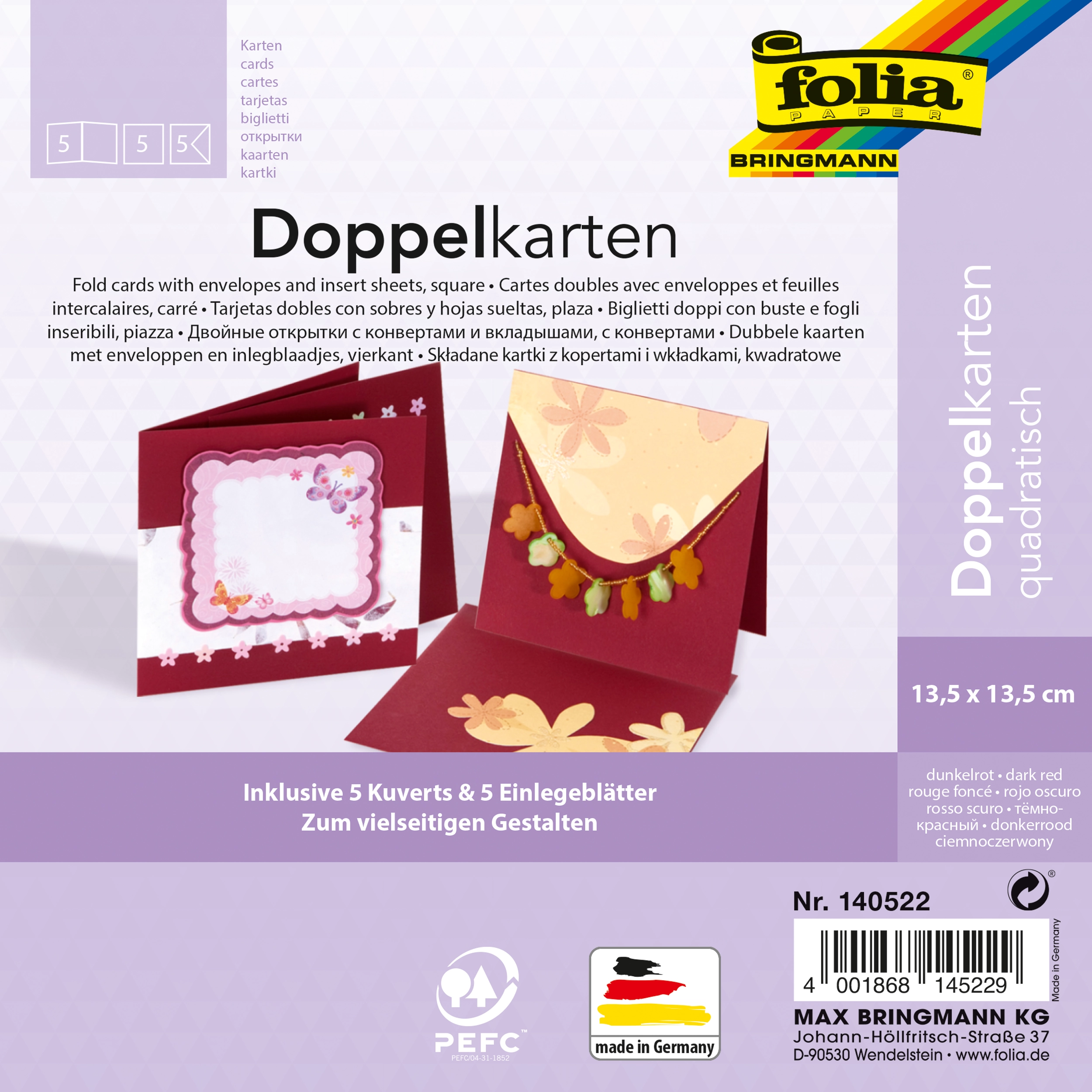 Klappkarten, Dunkelrot, Quadratisch, 13,5 x 13,5 cm, 130 g/m², 220 g/m² , 5 Stück