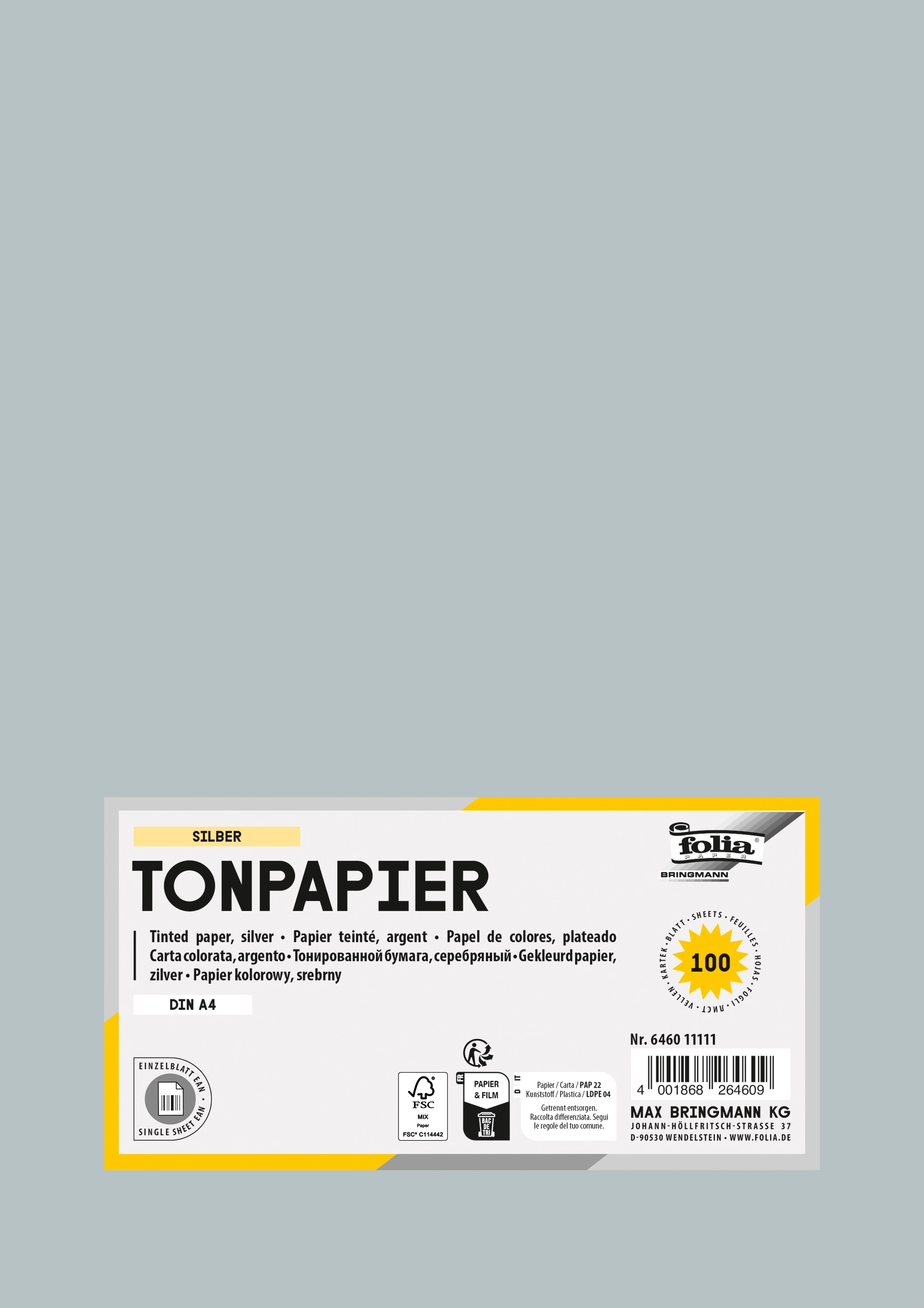 Tonpapier , Silber, DIN A4, 130 g/m², 100 Blatt
