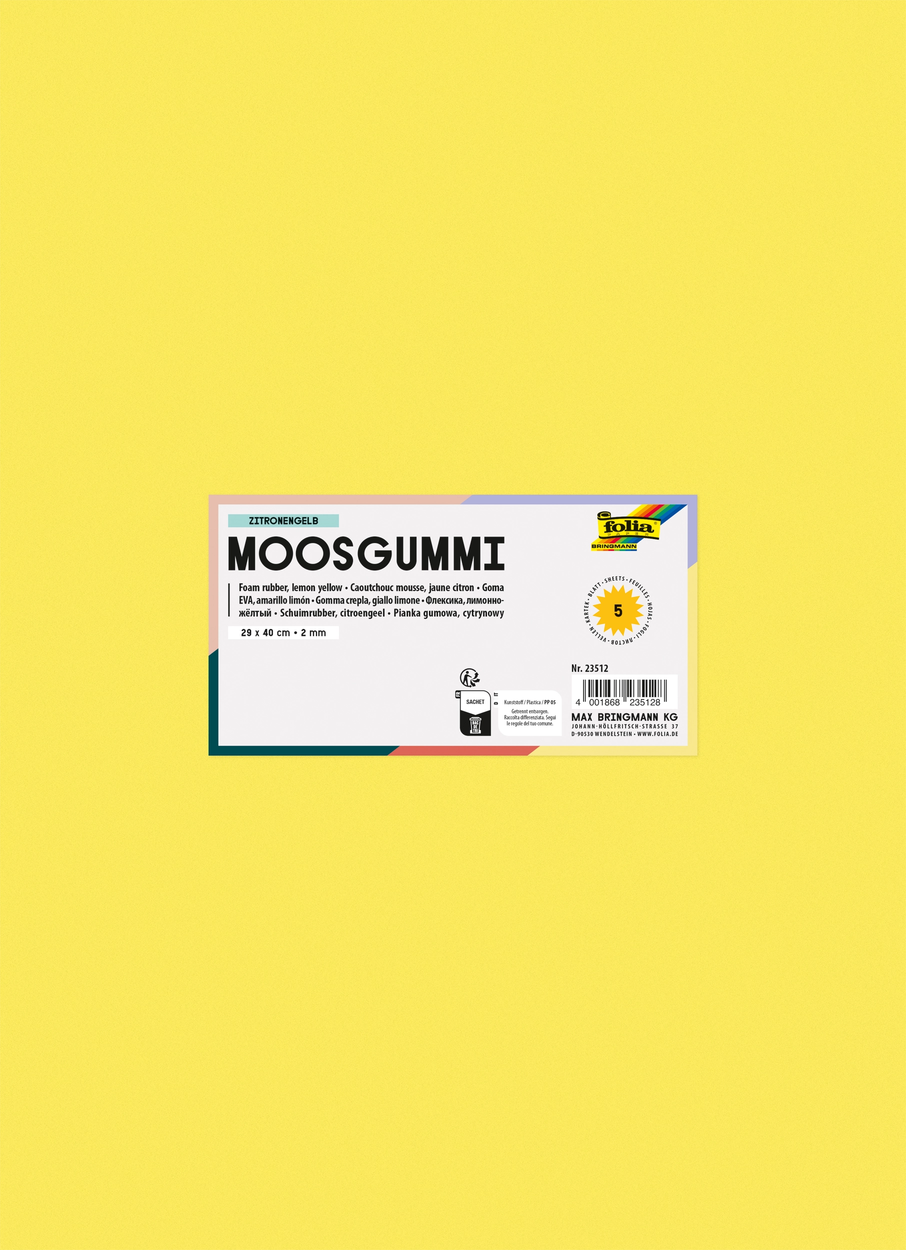 Moosgummi, Zitronengelb, 29 x 40 cm, 5 Blatt