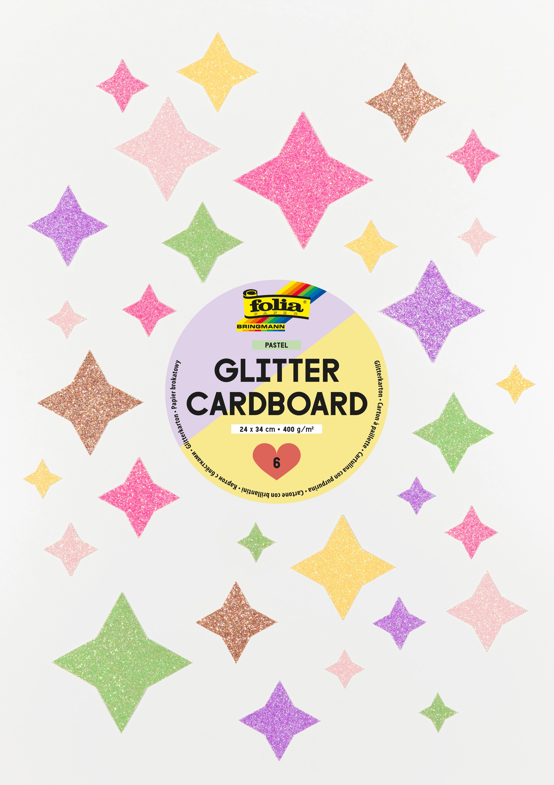 Glitter Cardboard Pad, Pastel, 24 x 34 cm, 300 g/m², 6 sheets