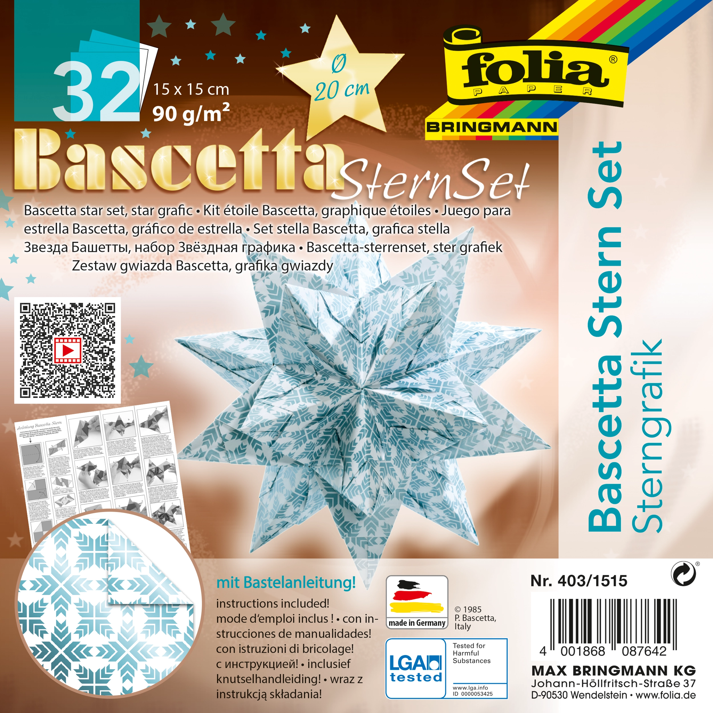 Bascetta Stern, Sterngrafik, Weiß & Eisblau, 15 x 15 cm, Ø 20 cm