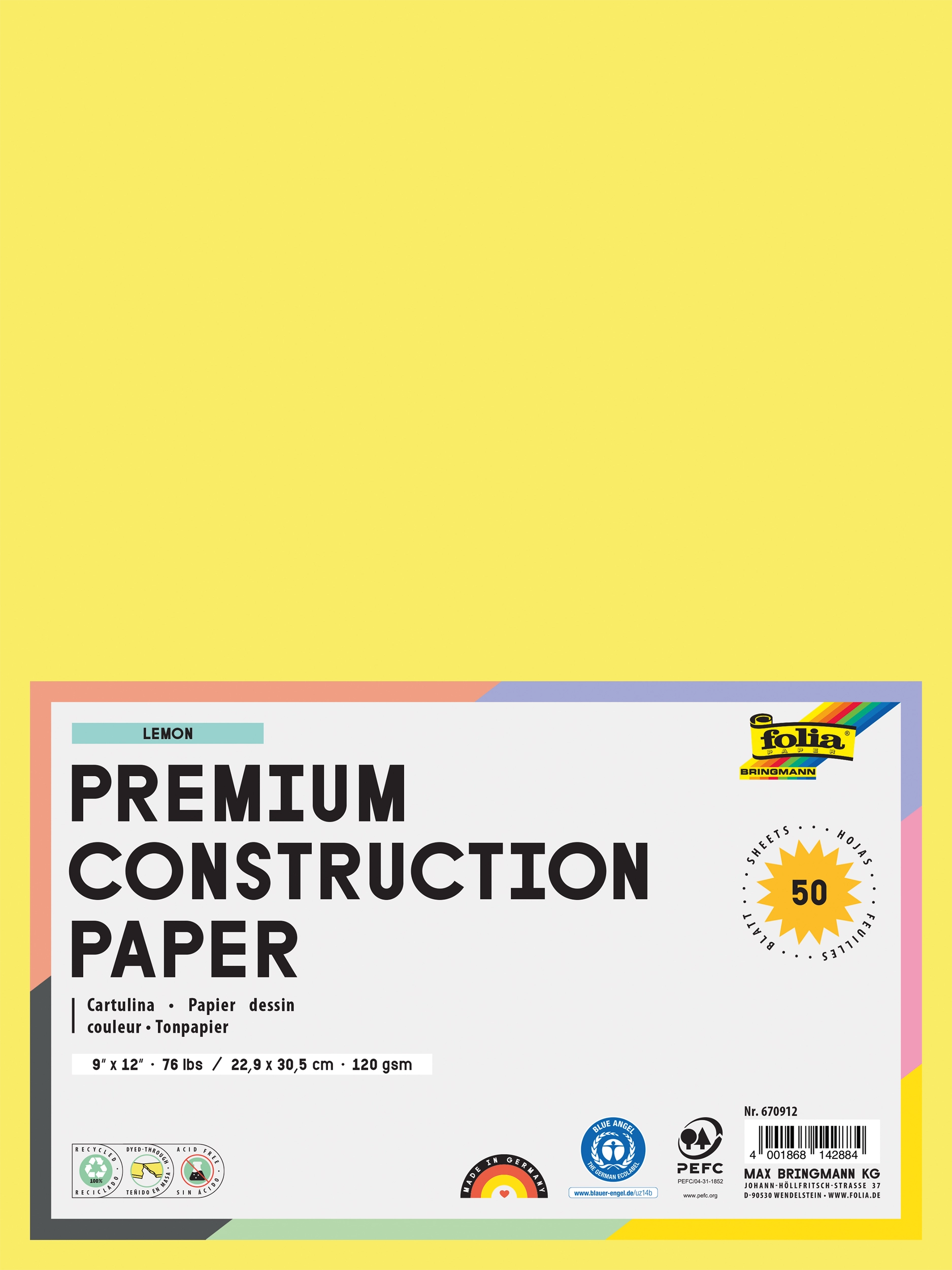 Tonpapier, Zitronengelb, 22,9 x 30,5 cm, 120 g/m², 50 Blatt