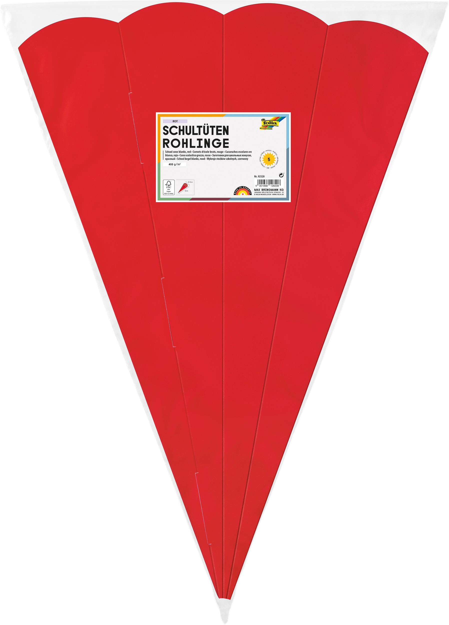 Schultüten-Rohlinge, Rot, 400 g/m², 68 cm, 5 Stück