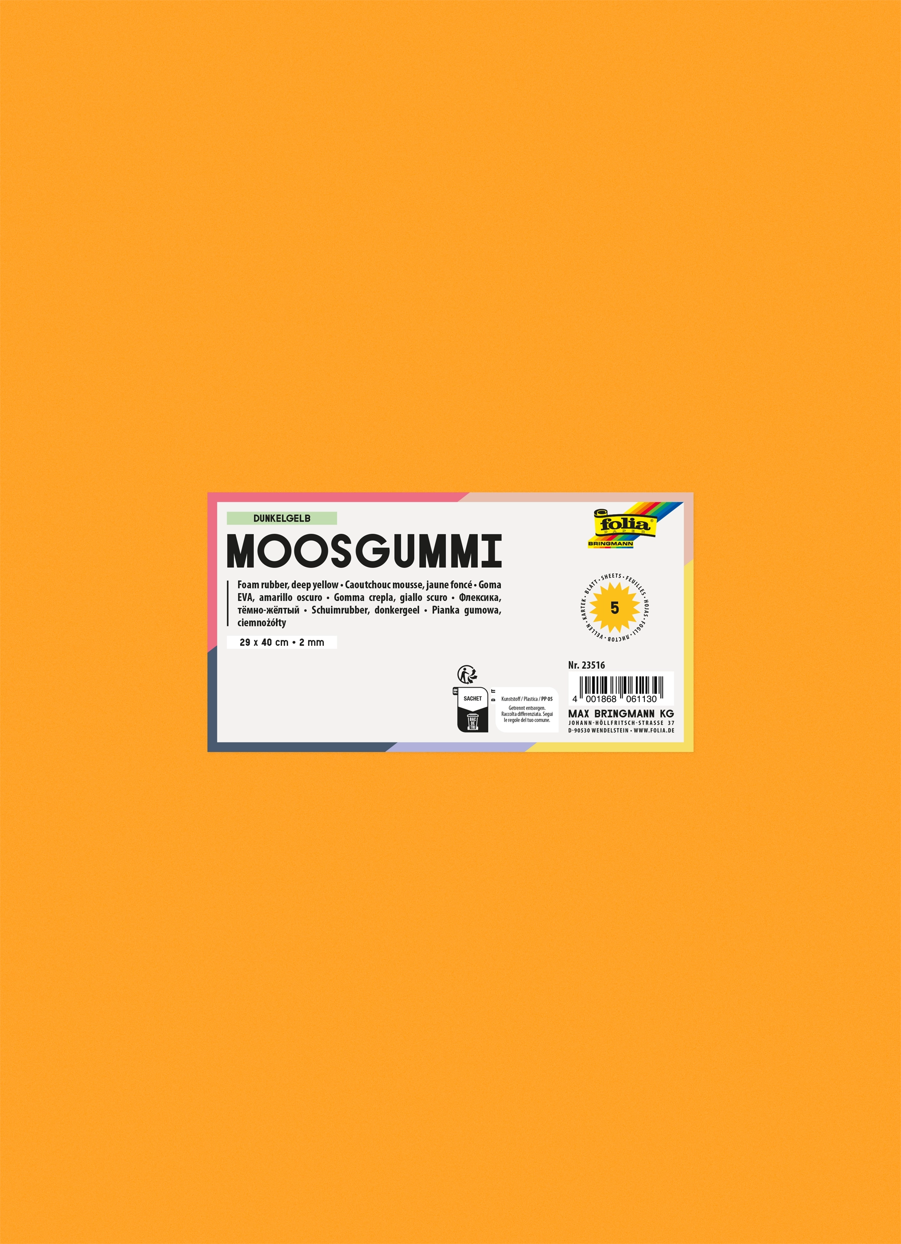 Moosgummi, Dunkelgelb, 29 x 40 cm, 5 Blatt