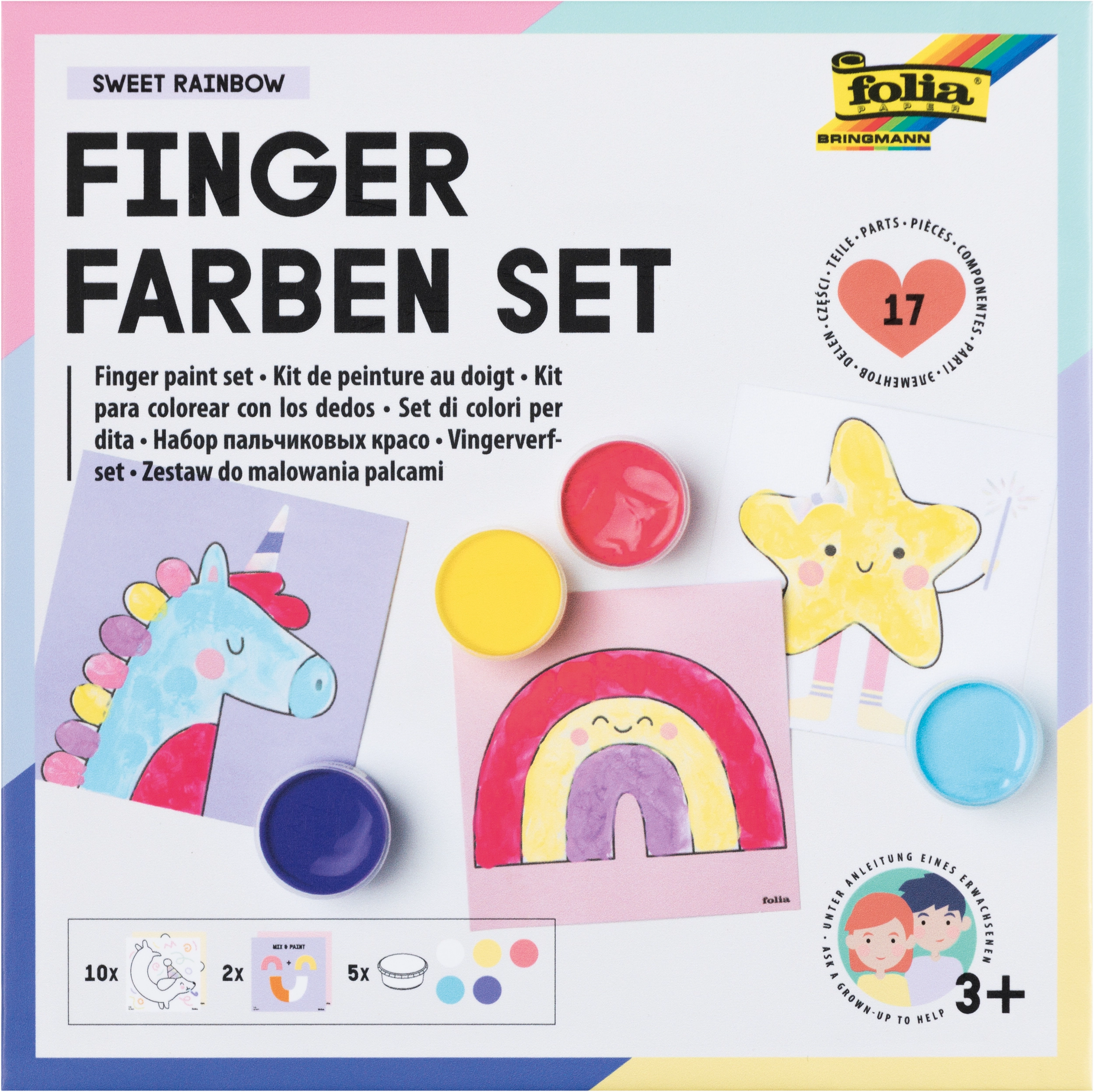 Fingerfarben Set, Sweet Rainbow, Rosa, Zitronengelb, Weiß, Hellblau, Lila