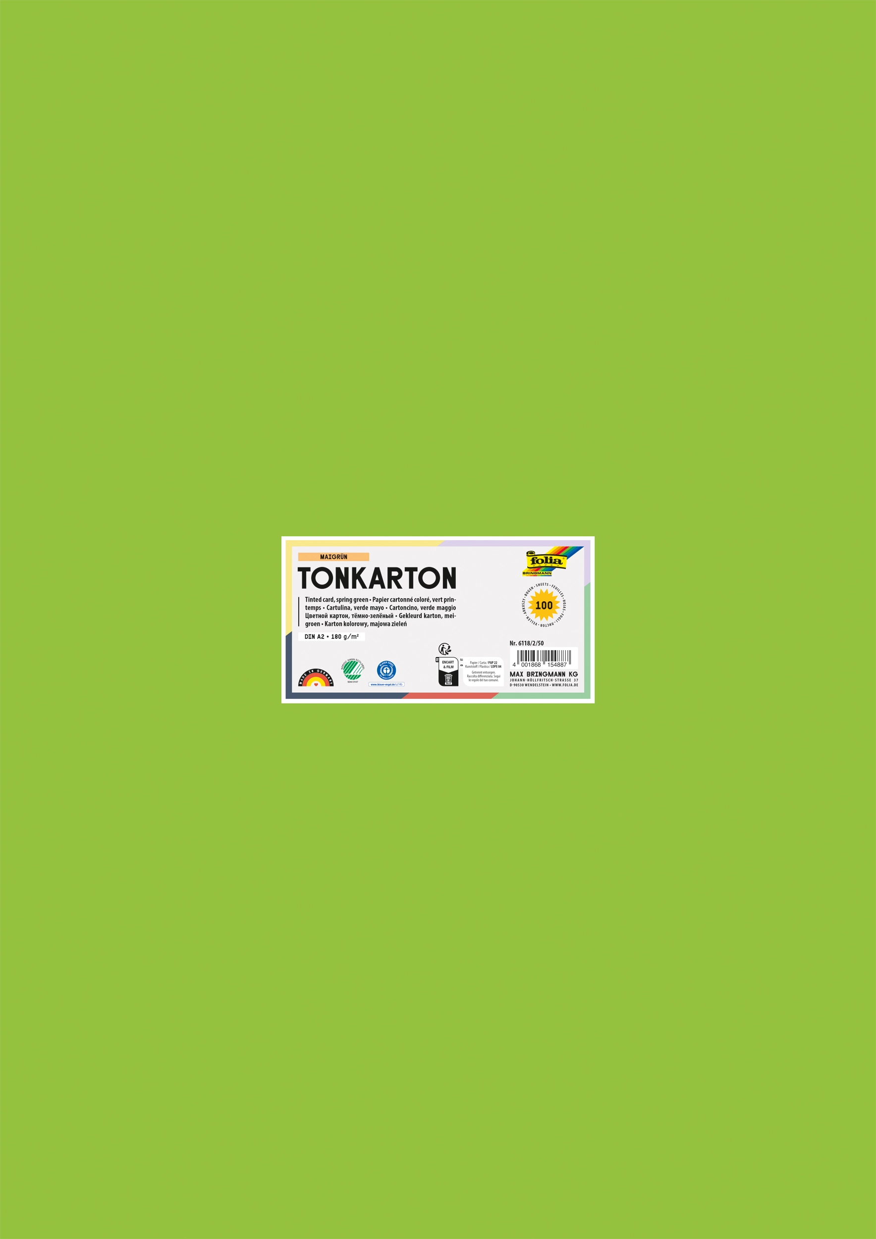 Tinted Card, Spring Green, DIN A2, 180 g/m², 100 sheets