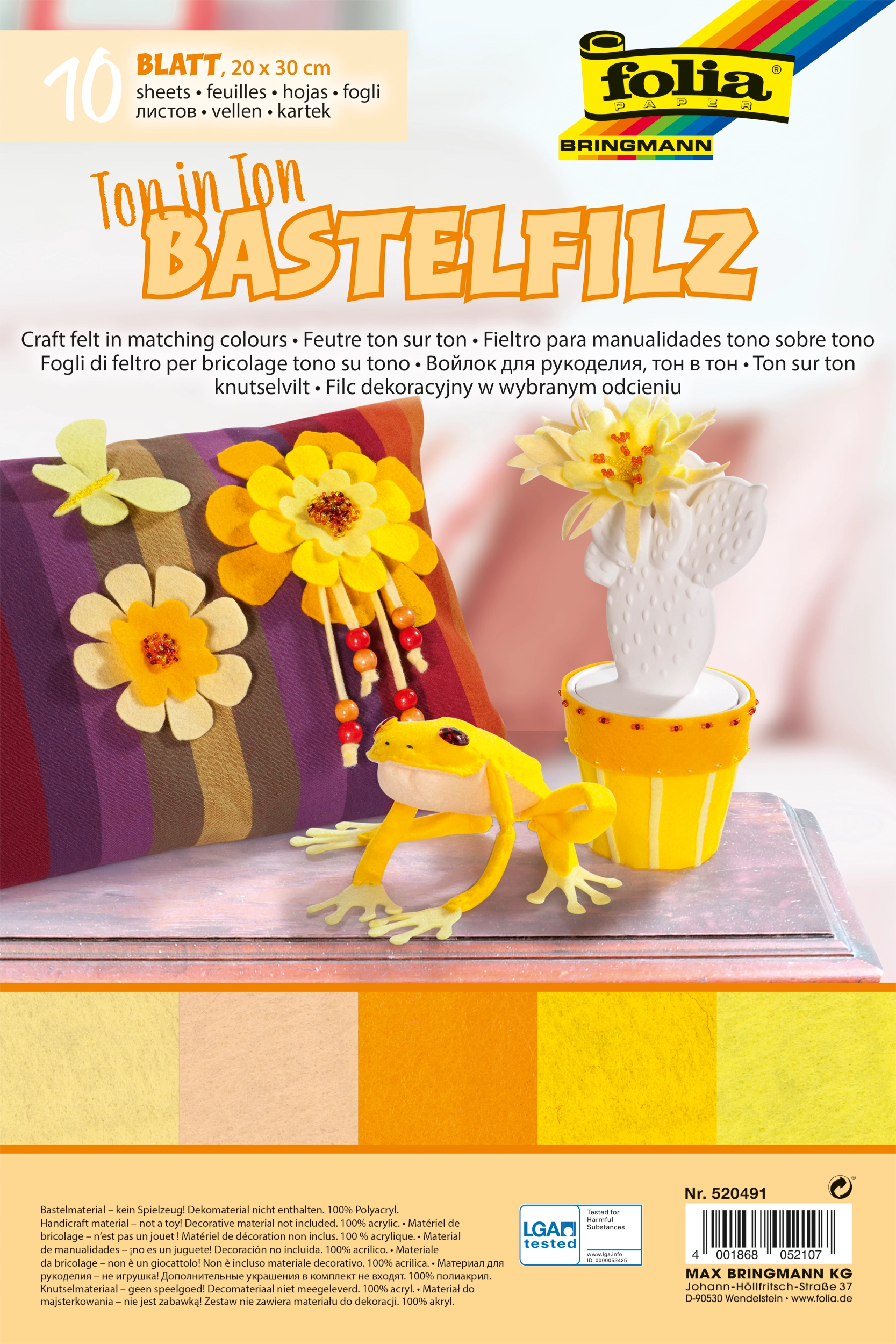 Bastelfilz, Ton in Ton, Gelb, 20 x 30 cm, 150 g/m², 10 Blatt