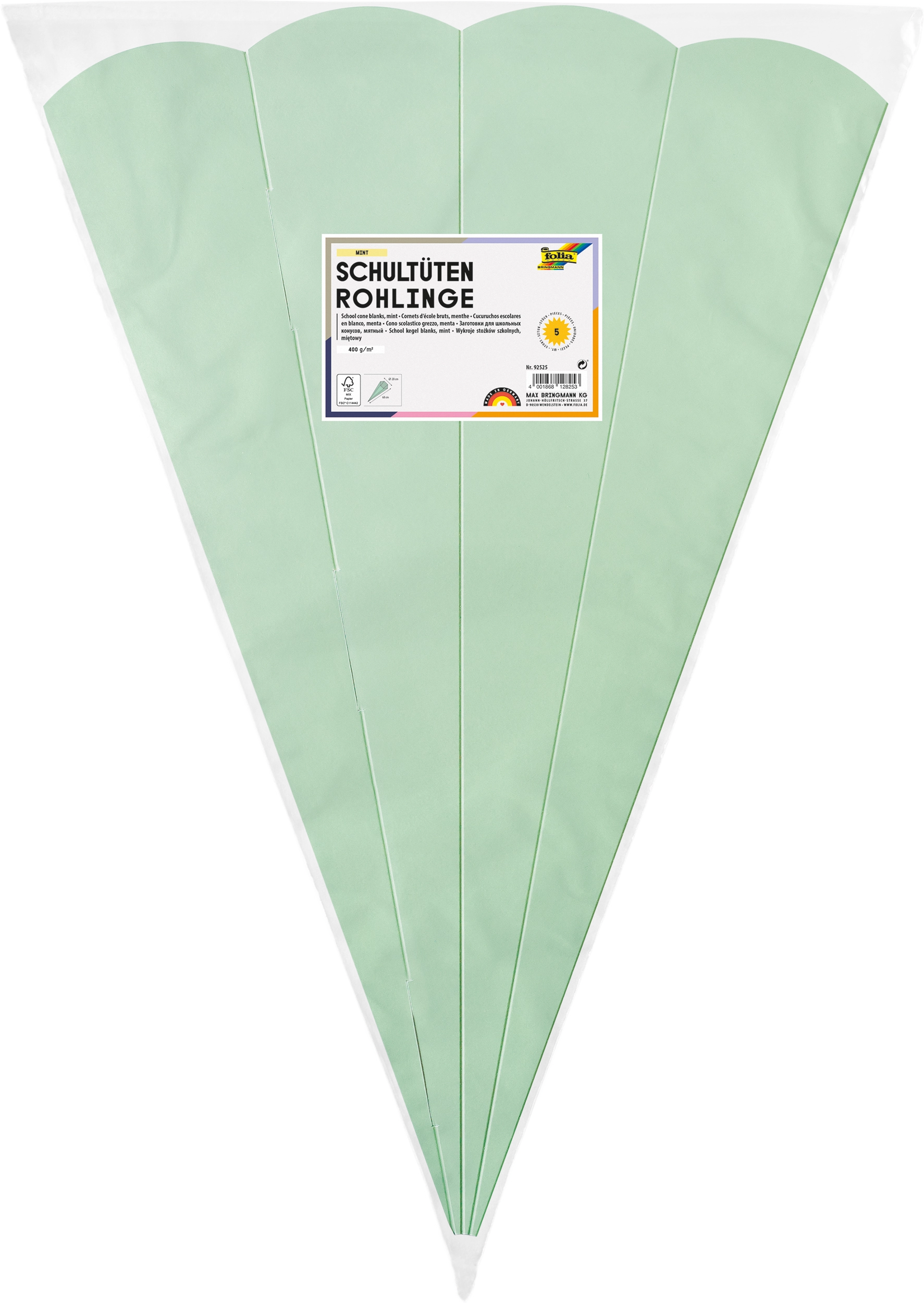 Schultüten-Rohlinge, Mint, 400 g/m², 68 cm, 5 Stück