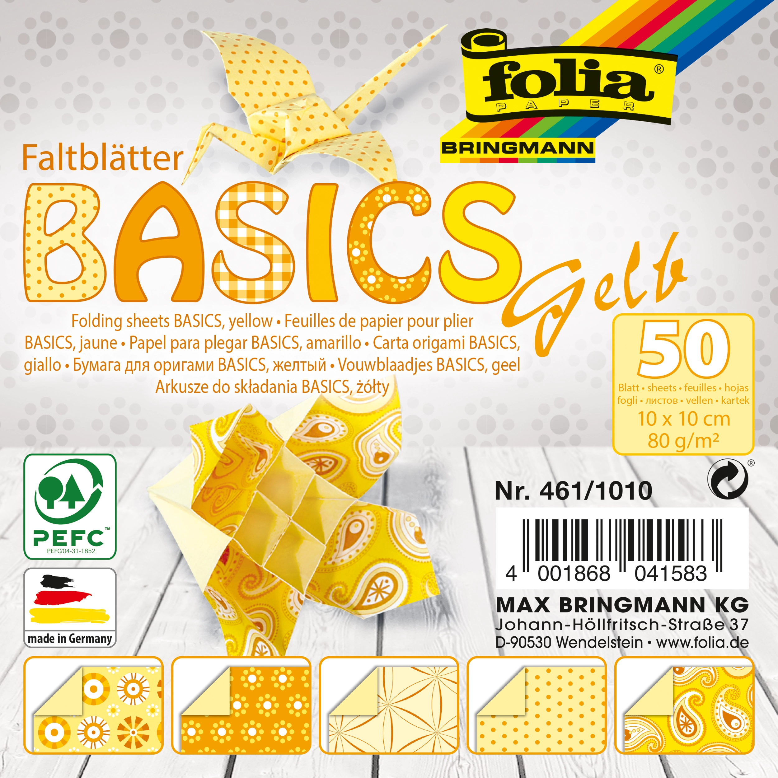 Origamipapier, Basics, Gelb, 10 x 10 cm, 80 g/m², 50 Blatt