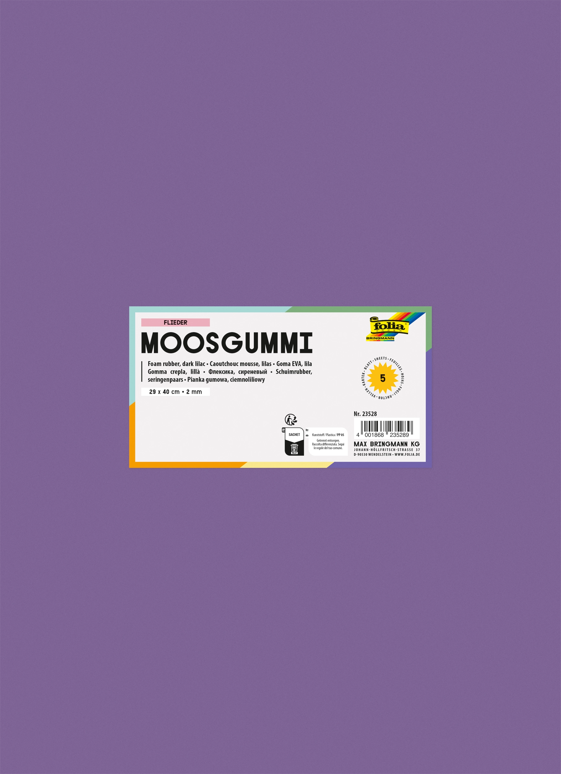 Moosgummi, Flieder, 29 x 40 cm, 5 Blatt