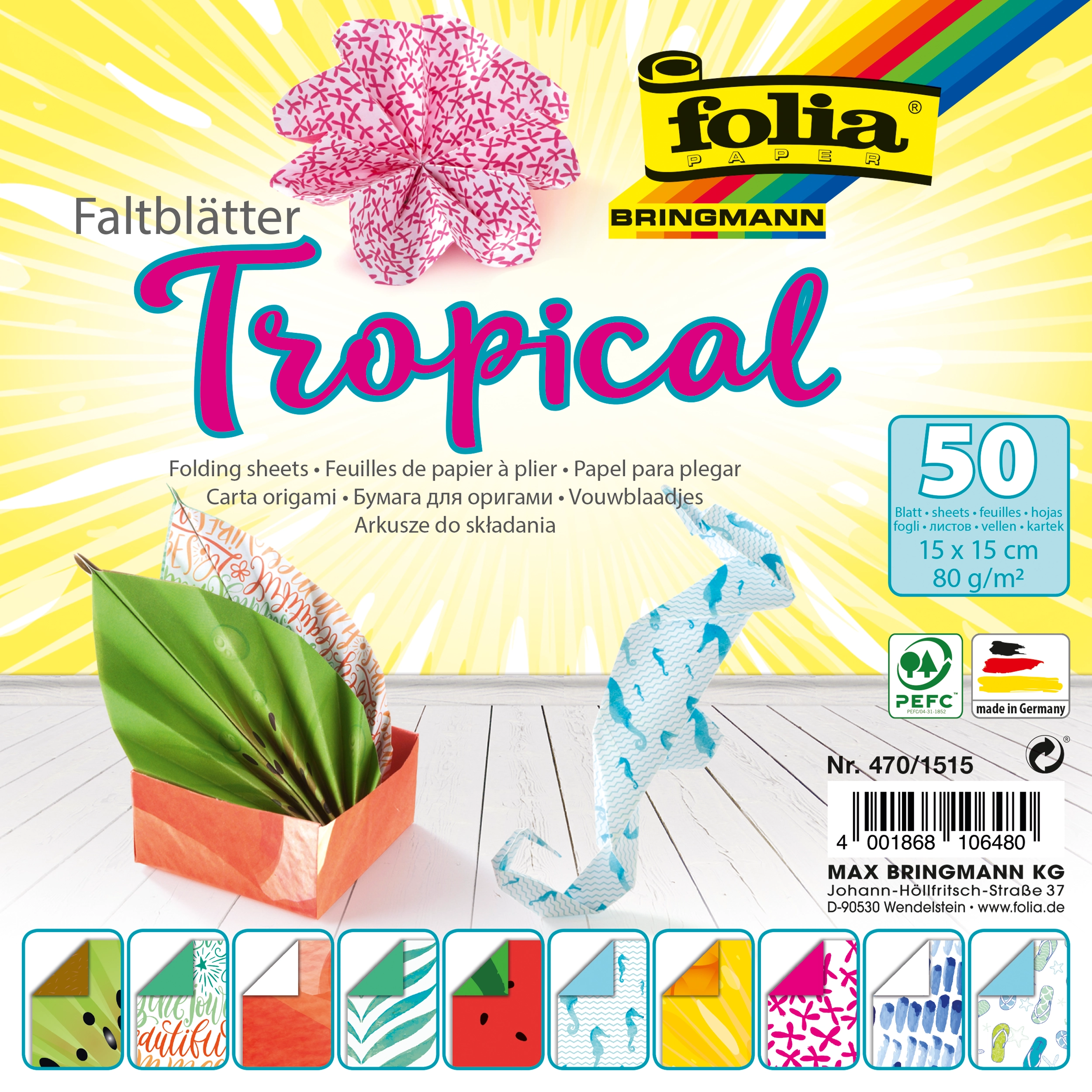 Origamipapier mit Motiv, Tropical, 15 x 15 cm, 80 g/m², 50 Blatt