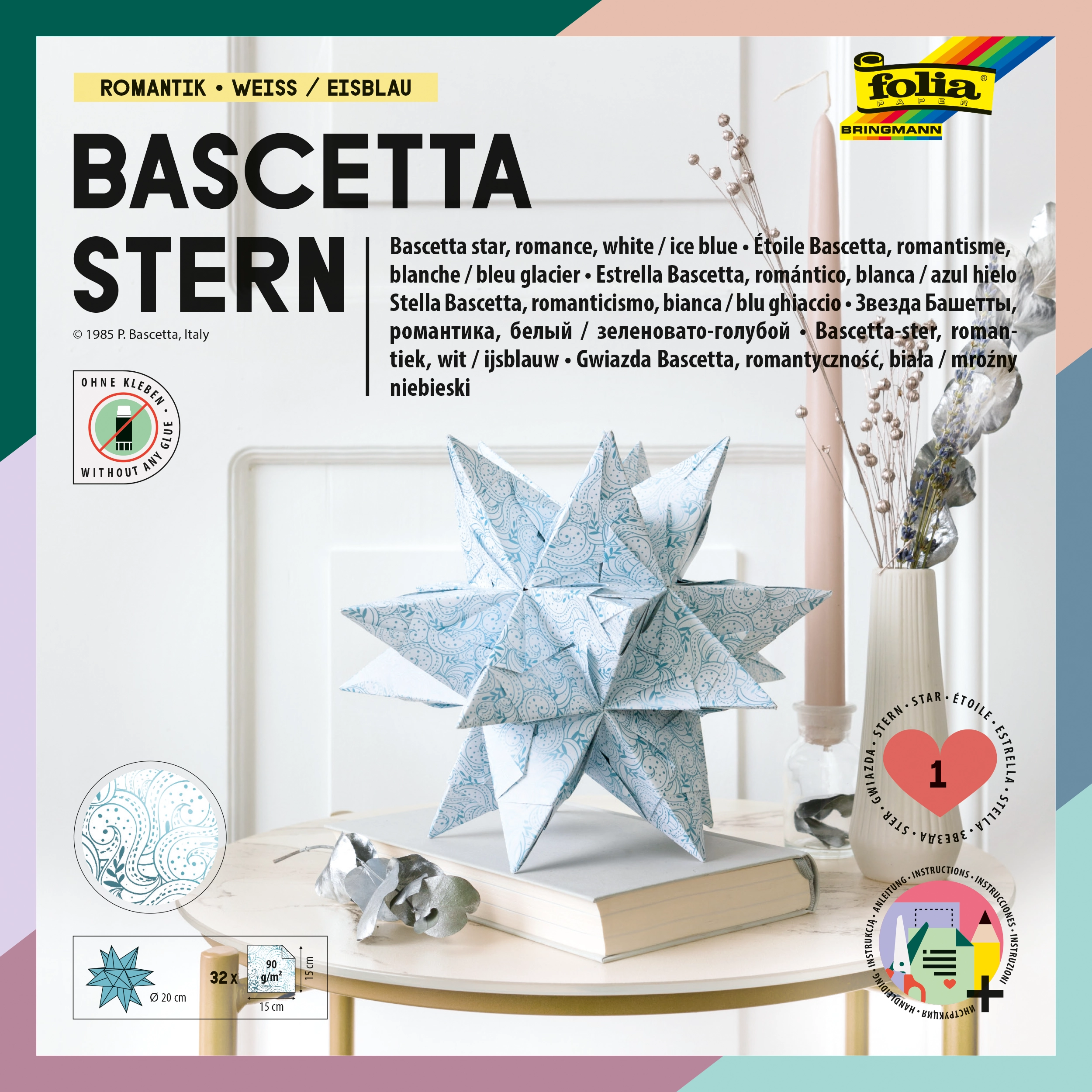 Bascetta Stern, Romantik, Weiß & Eisblau, 15 x 15 cm, Ø 20 cm