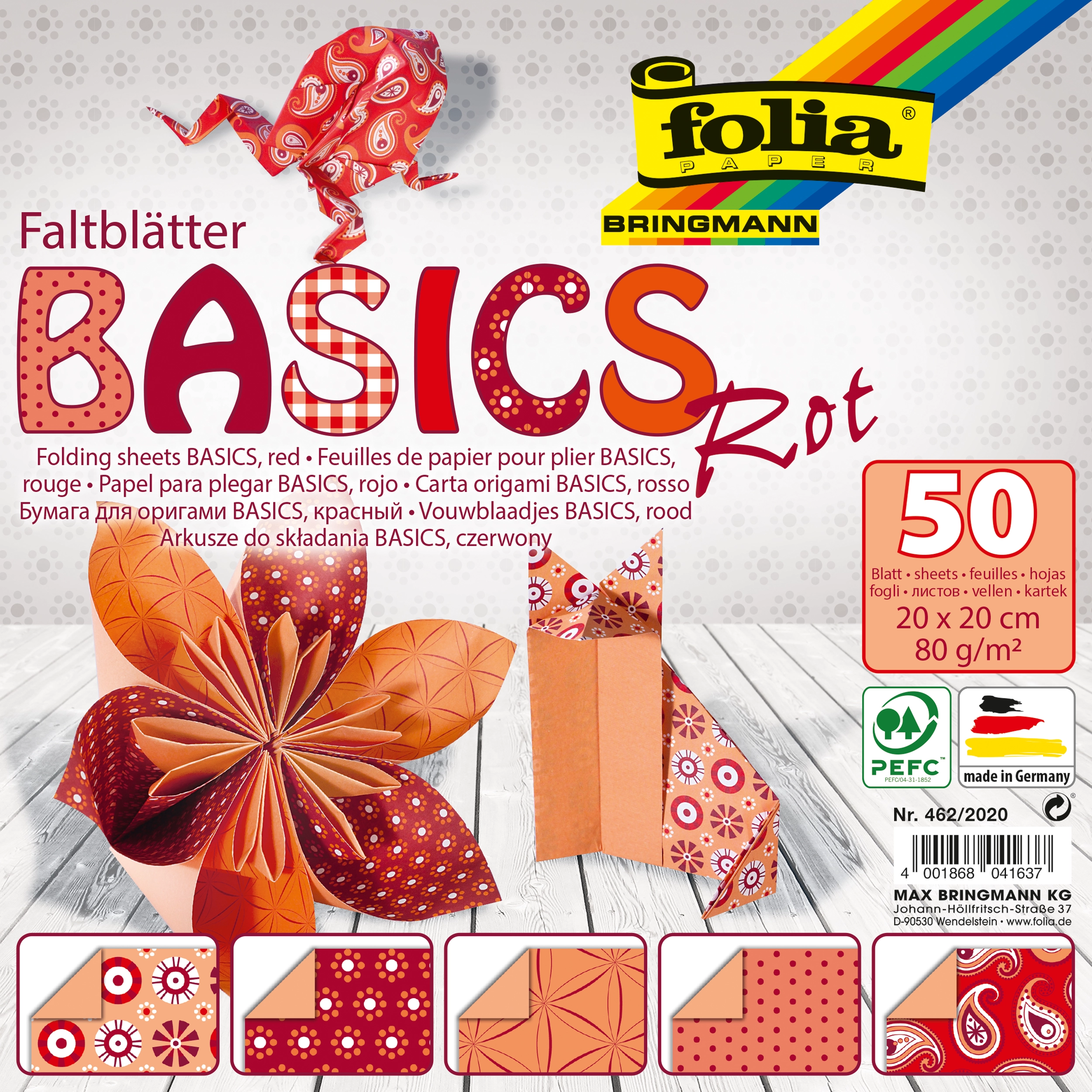 Origamipapier, Basics, Rot, 20 x 20 cm, 80 g/m², 50 Blatt