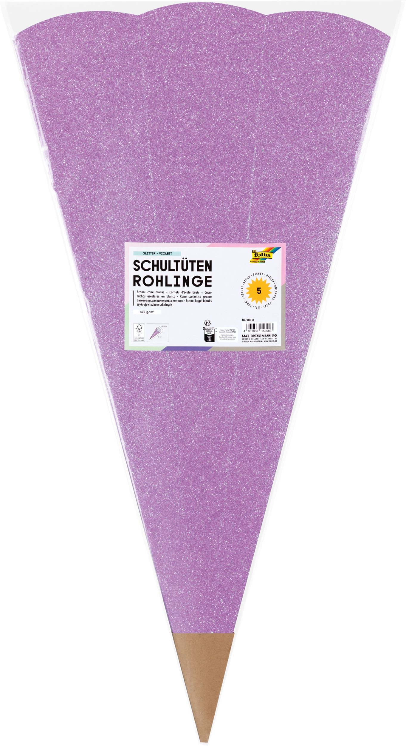 School Cone Blanks, Glitter, Violett, 400 g/m², 5 pieces