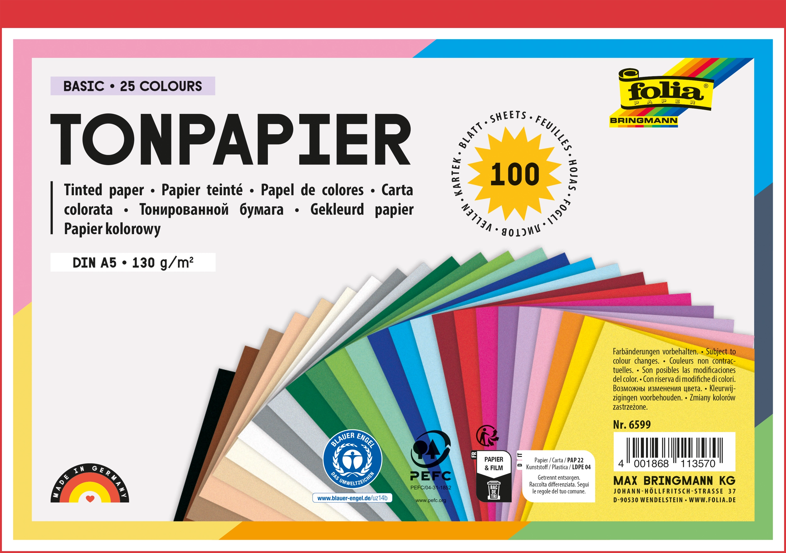 Tonpapier, Basic, 25 Farben, DIN A5, 130 g/m², 100 Blatt