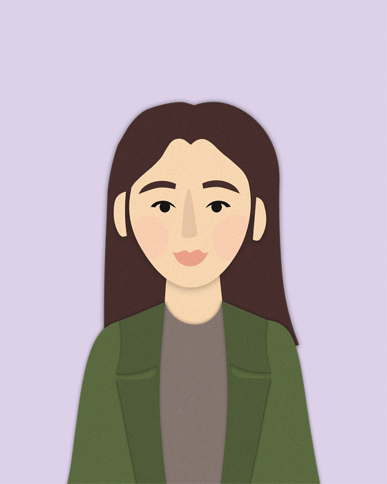 Illustration einer Person mit langen dunkelbraunen Haaren, grauem Oberteil und olivgrüner Jacke vor einem hellvioletten Hintergrund.