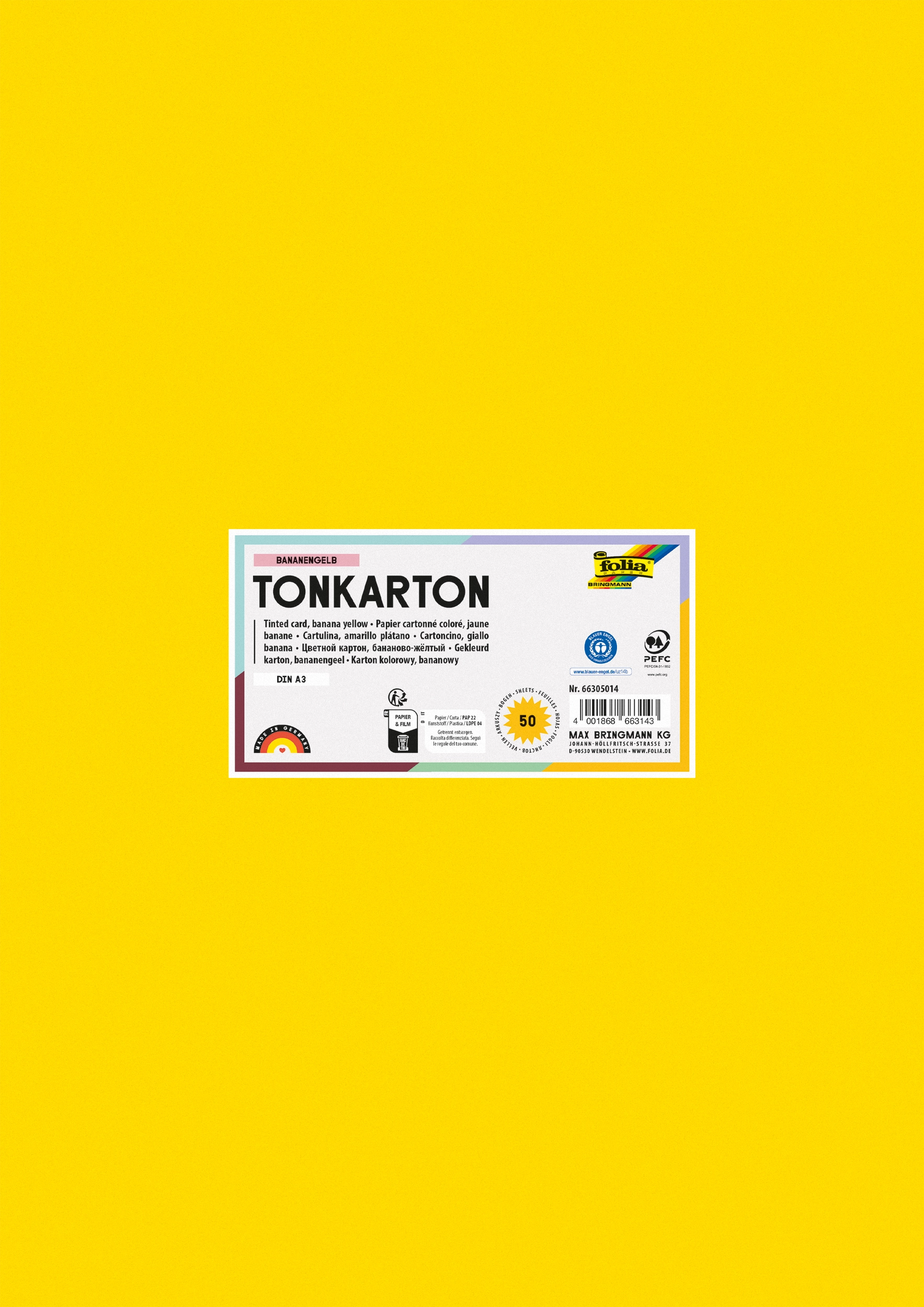Tonkarton, Bananengelb, DIN A3, 160g/m², 50 Blatt