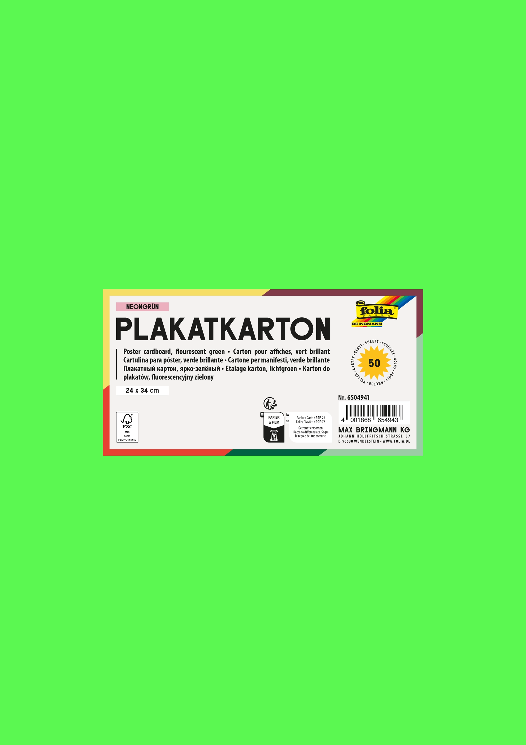Plakatkarton, Leuchthellgrün, 24 x 34 cm, 380g/m², 50 Blatt