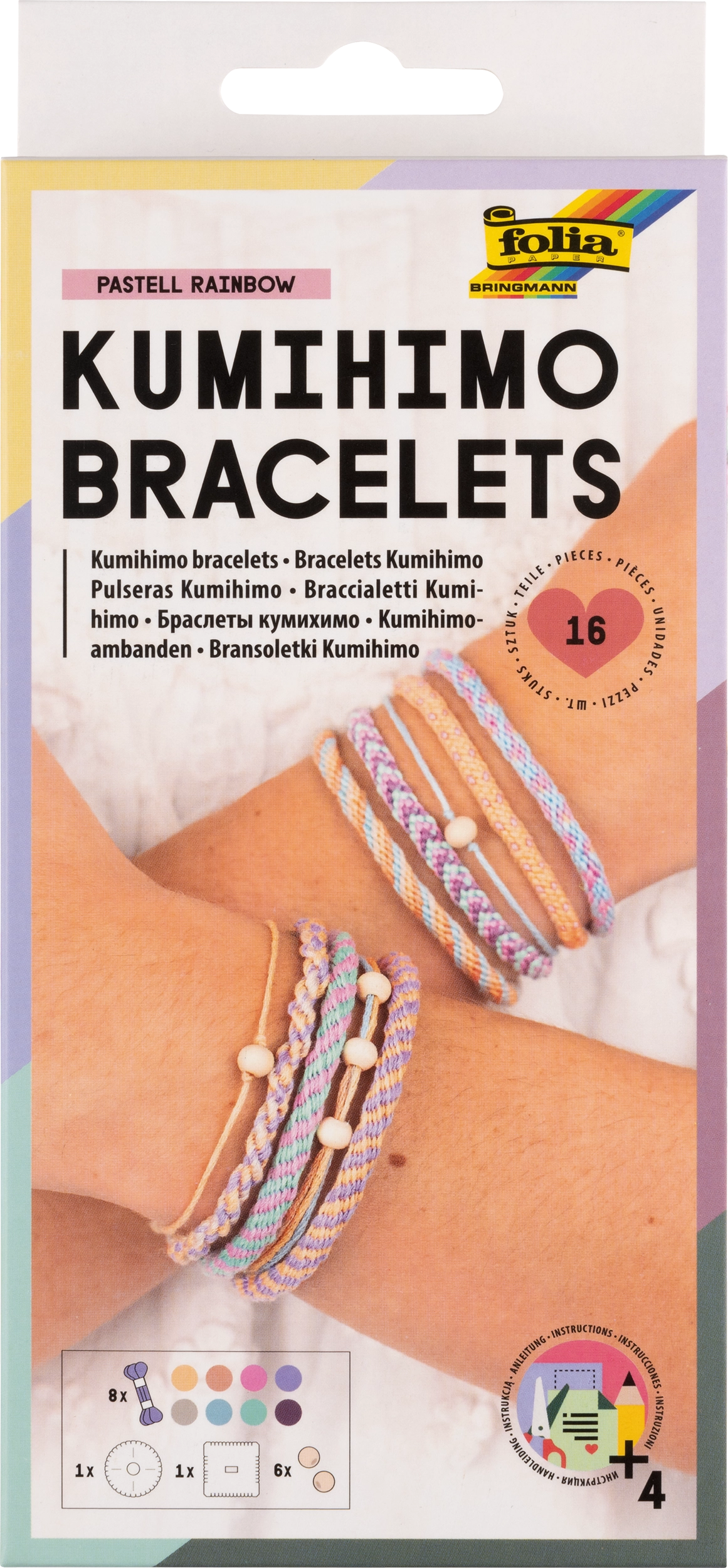 Kumihimo Bracelets, Pastel Rainbow, 16 Teile