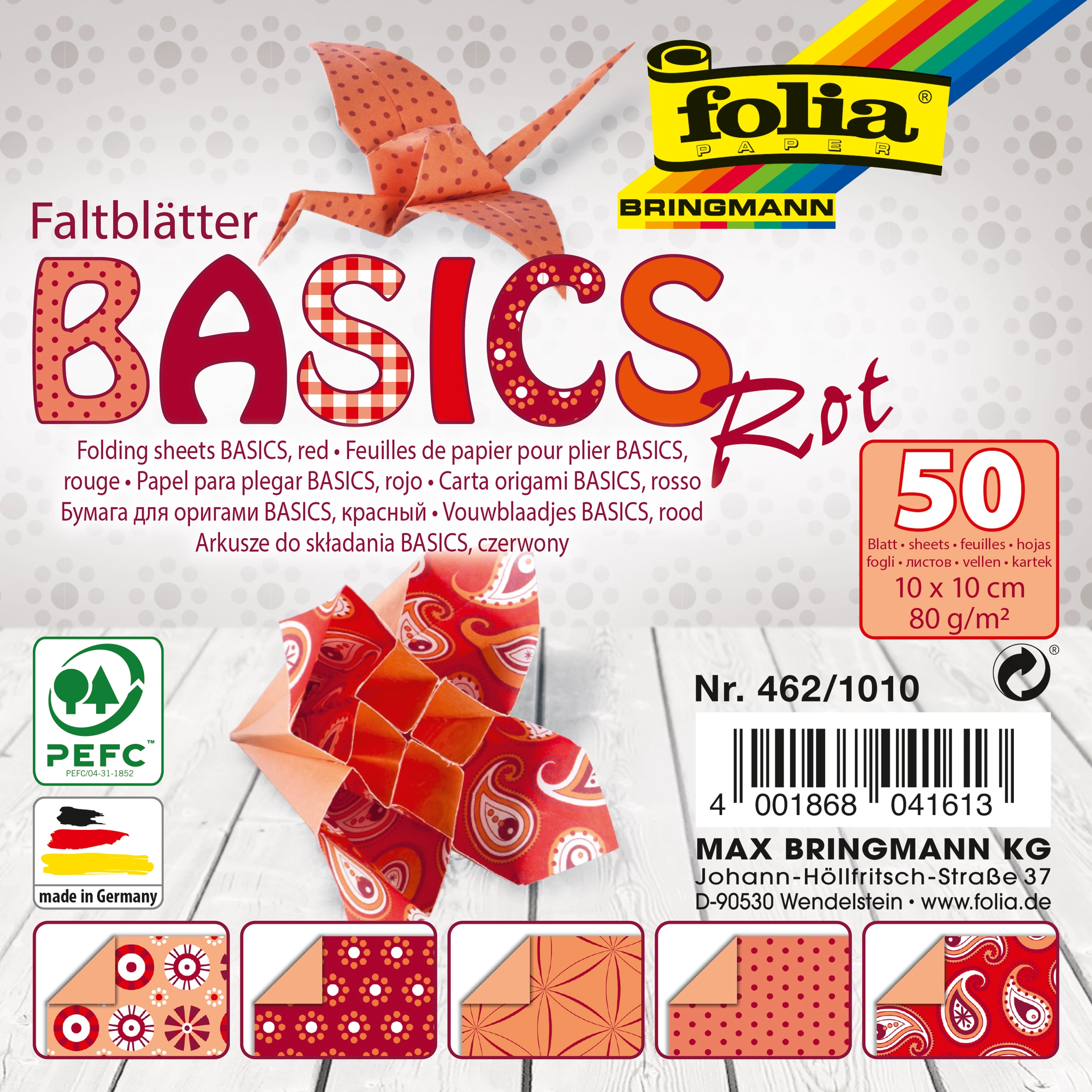 Origamipapier, Basics, Rot, 10 x 10 cm, 80 g/m², 50 Blatt