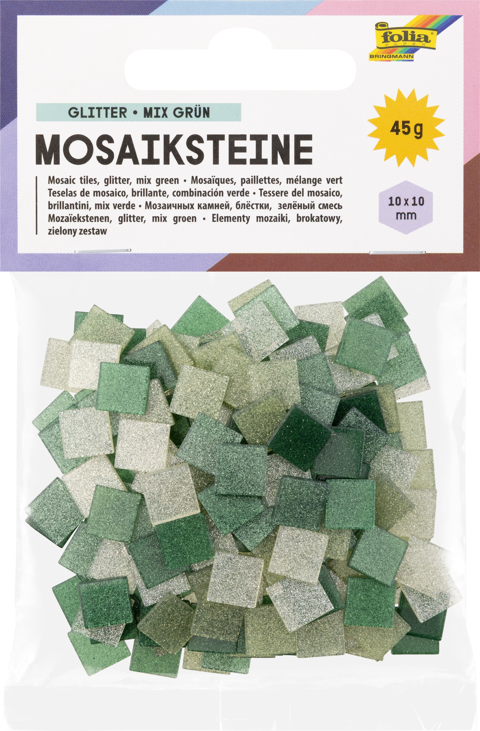 Resin-Mosaiksteine, Glitter, Mix Grün, 10 x 10 mm, 190 Stück