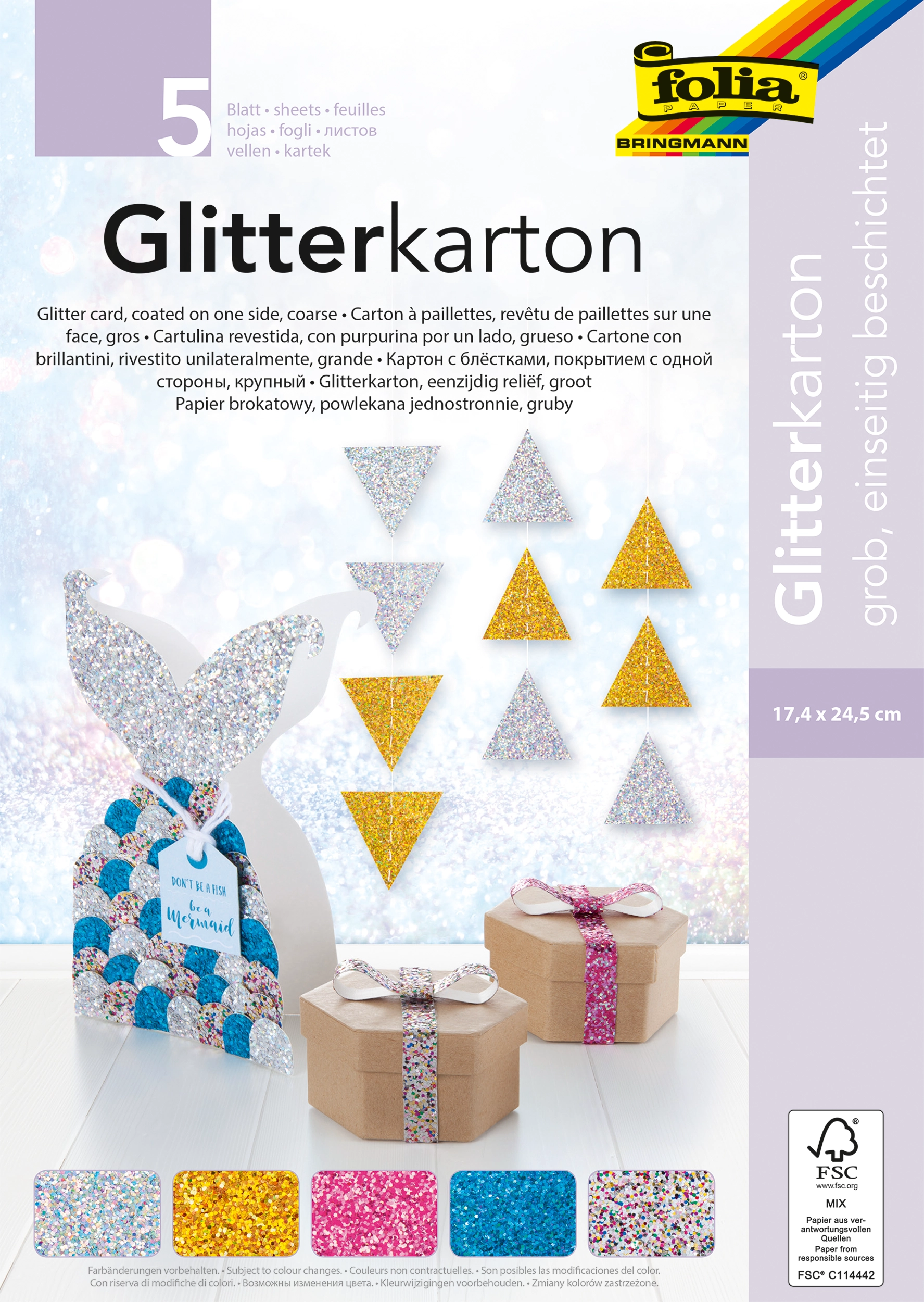 Glitter Cardboard Pad, Chunky, 17,4 x 24,5 cm, 390 g/m², 5 sheets
