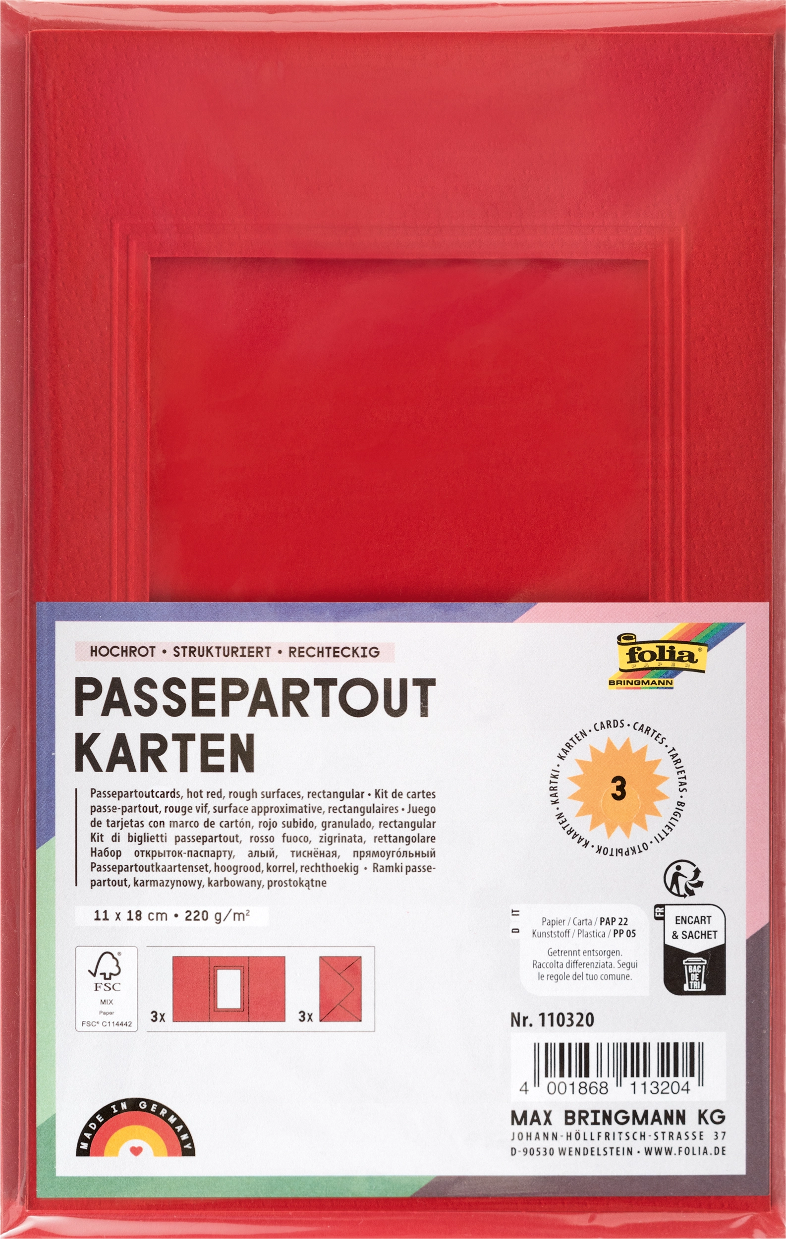 Passepartoutkarten, Hochrot, Strukturiert, Rechteckig, 11 x 18 cm, 130 g/m², 220 g/m² , 3 Stück