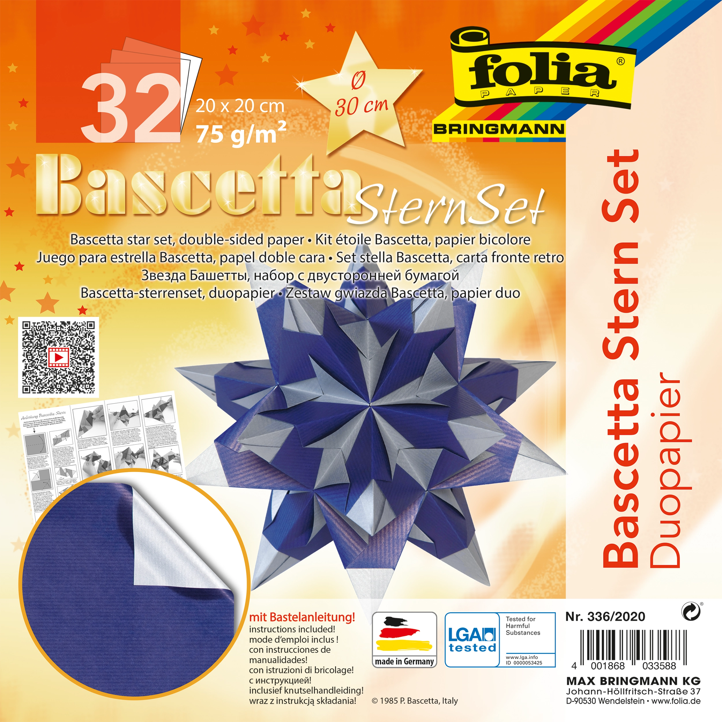 Bascetta Stern Duo Papier, Blau & Silber, 20 x 20 cm, 75 g/m², 1 Stern
