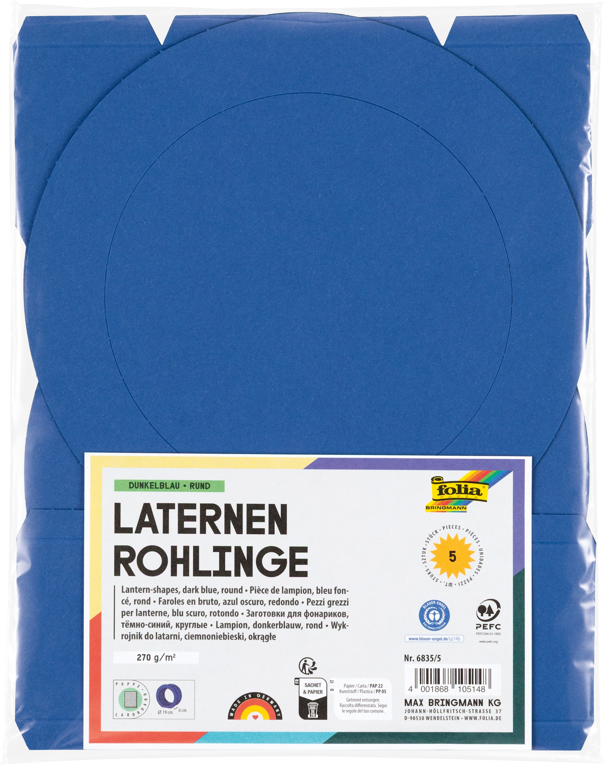 Laternen-Rohlinge aus Fotokarton, Königsblau, Rund, Ø 19 x 6 cm, 300 g/m², Ø 19 cm, 5 Stück