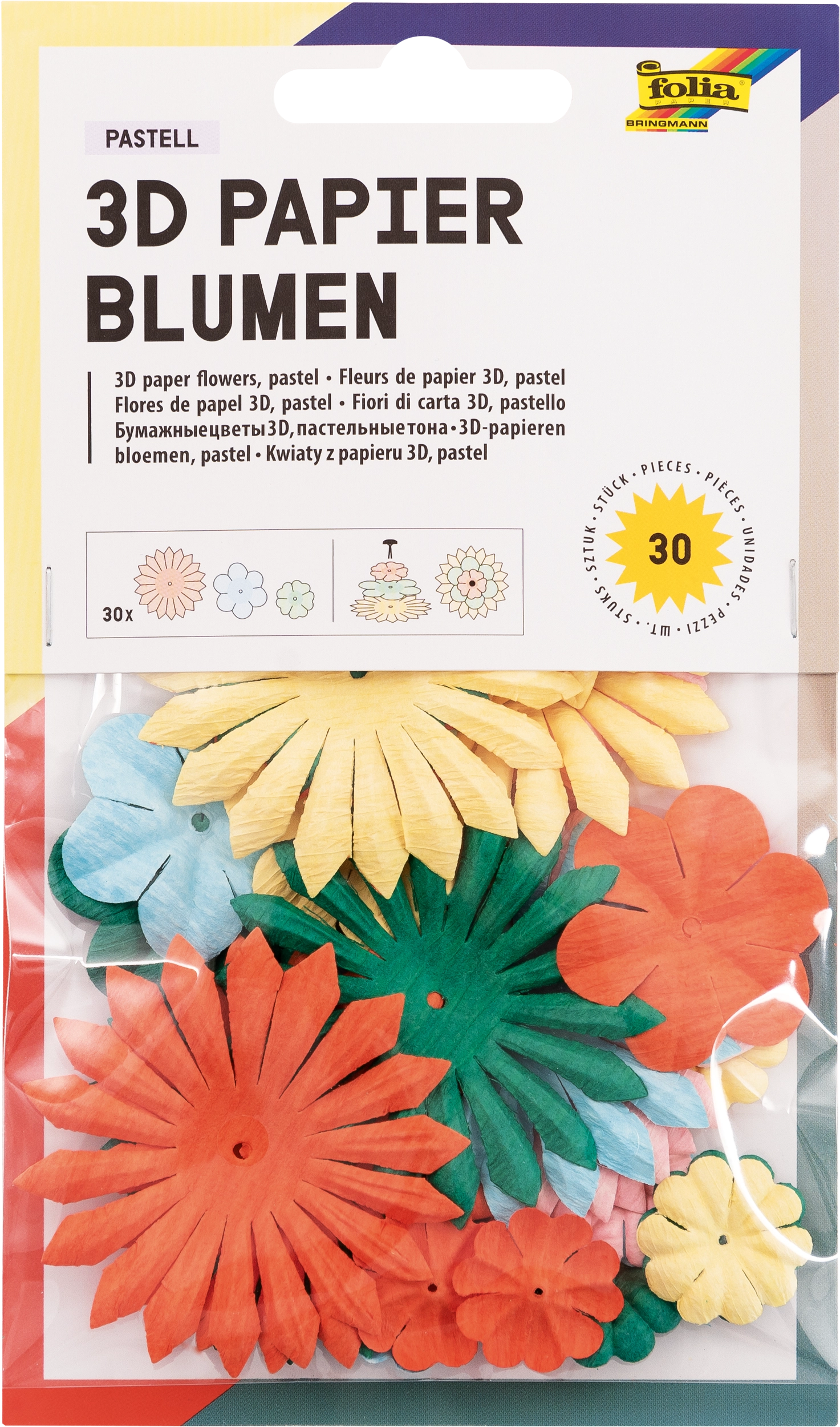 3D Paper Flowers, Pastel, 30 pieces