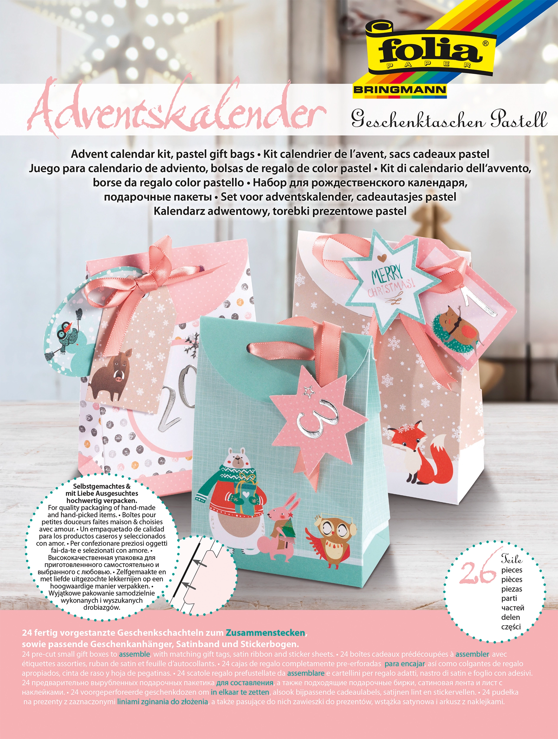 Adventskalender-Set, Geschenktaschen Pastell, 26 Teile