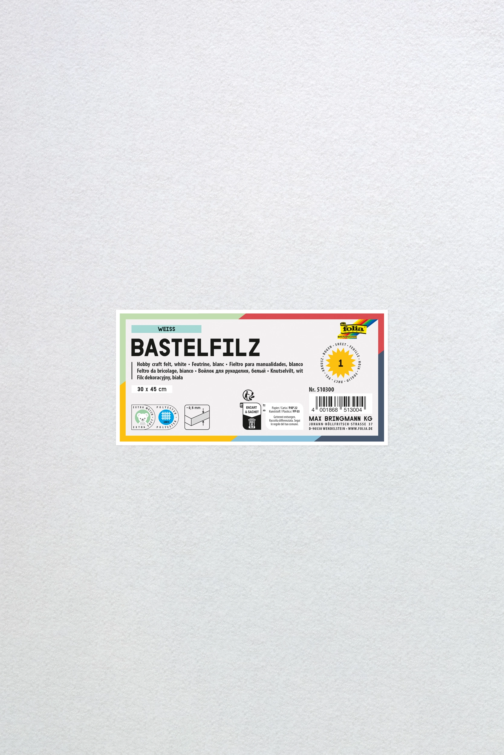 Bastelfilz, Weiß, 30 x 45 cm, 1 Blatt