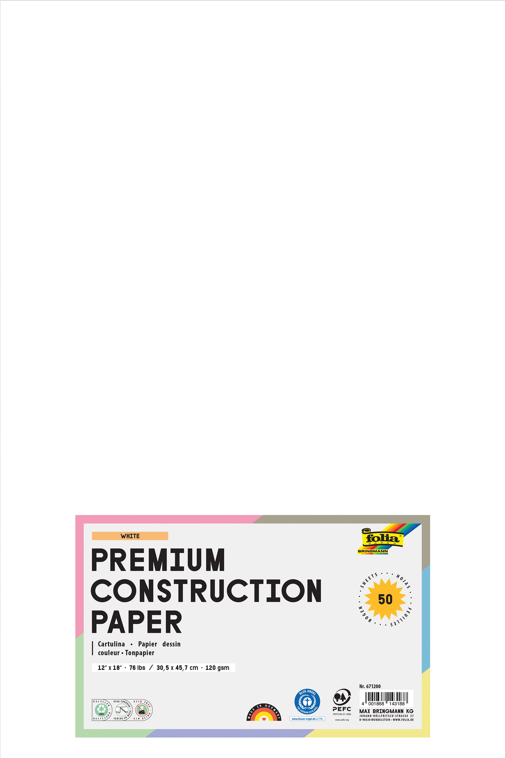 Tonpapier, Weiß, 30,5 x 45,7 cm, 120 g/m², 50 Blatt