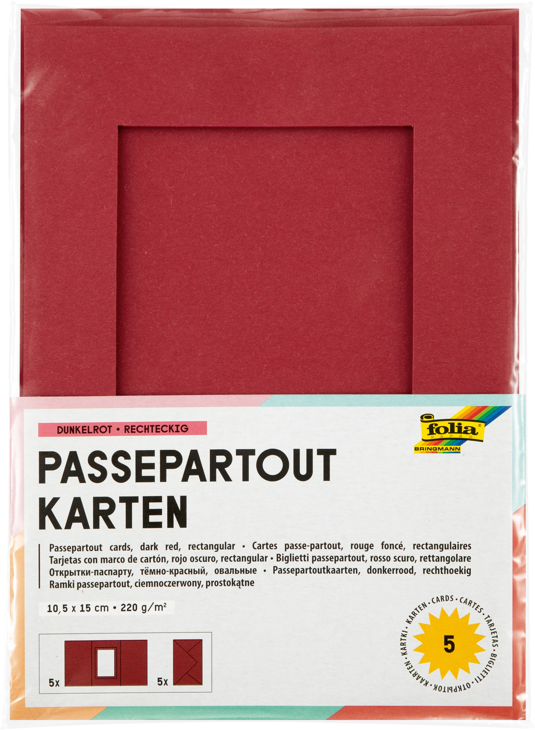 Passepartoutkarten, Dunkelrot, Rechteckig, 10,5 x 15,0 cm, 130 g/m², 220 g/m² , 5 Stück