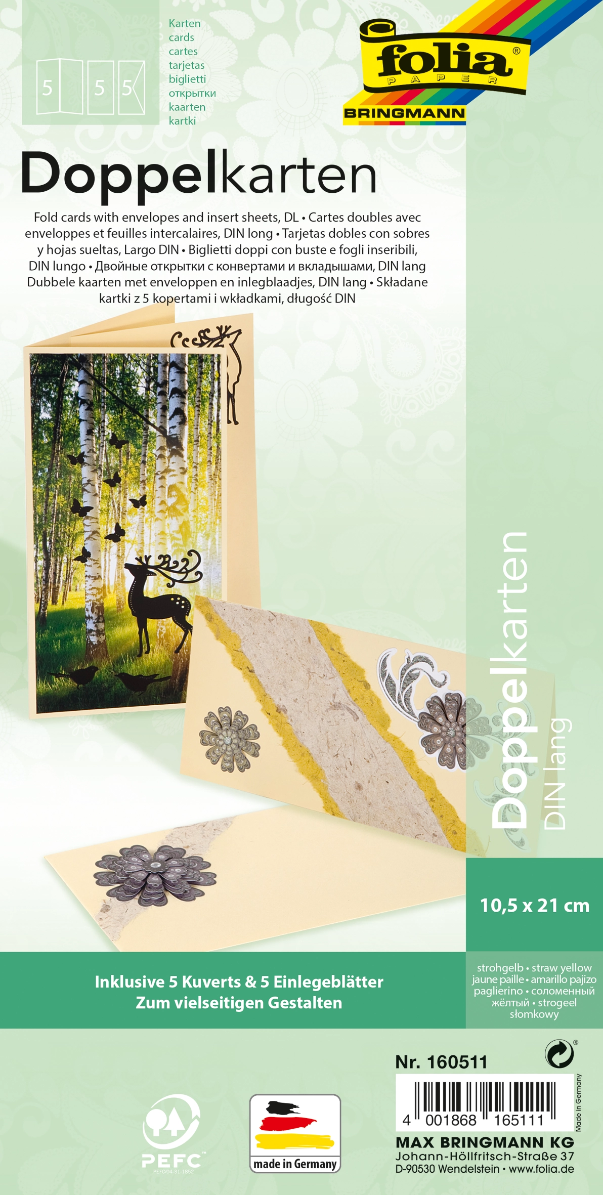Klappkarten, Rechteckig, Strohgelb, 10,5 x 21,0 cm, 130 g/m², 220 g/m²  , 5 Stück