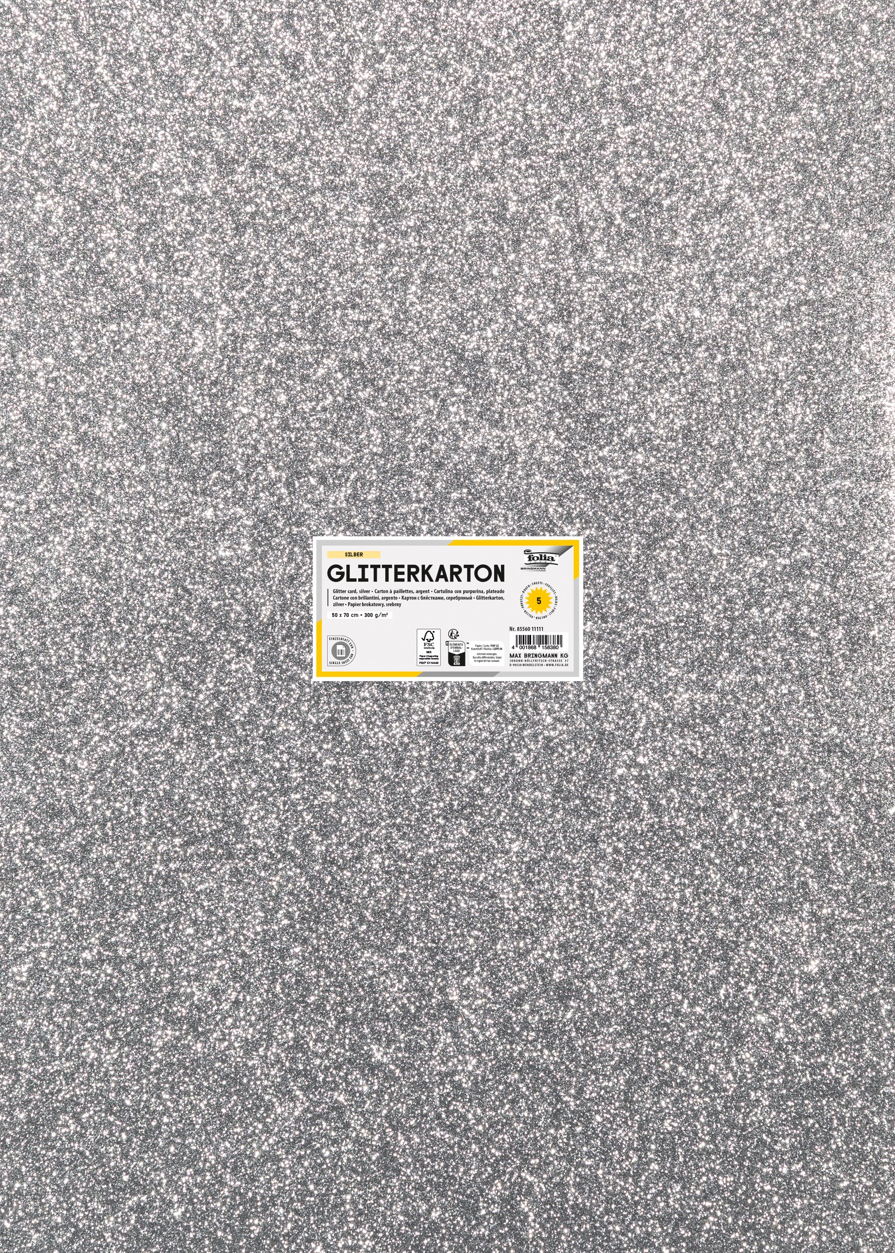 Glitter Cardboard, Silver, 5 sheets