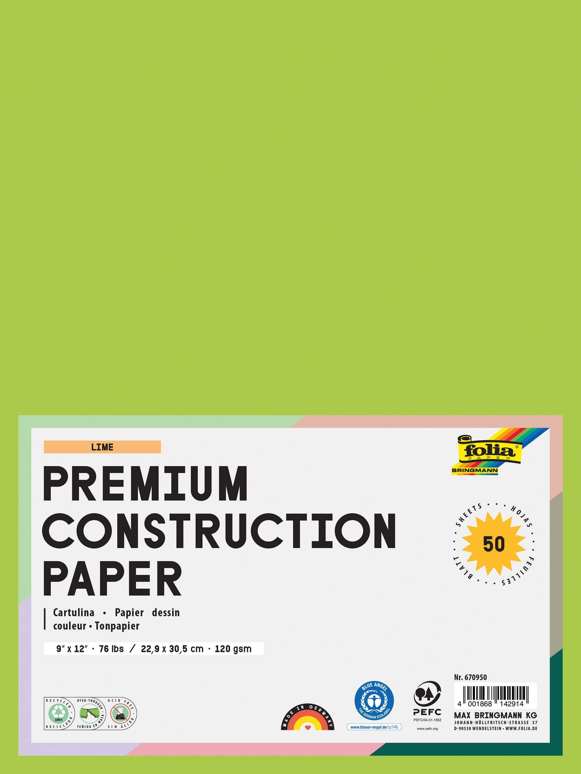 Tonpapier, Maigrün, 22,9 x 30,5 cm, 120 g/m², 50 Blatt