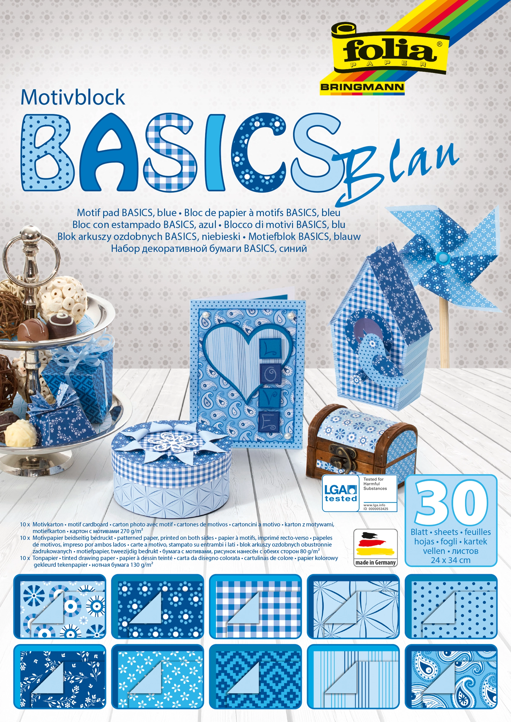 Motif Pad, Basics, Blue, 24 x 34 cm, 80 g/m², 130 g/m²  270 g/m², 30 sheets