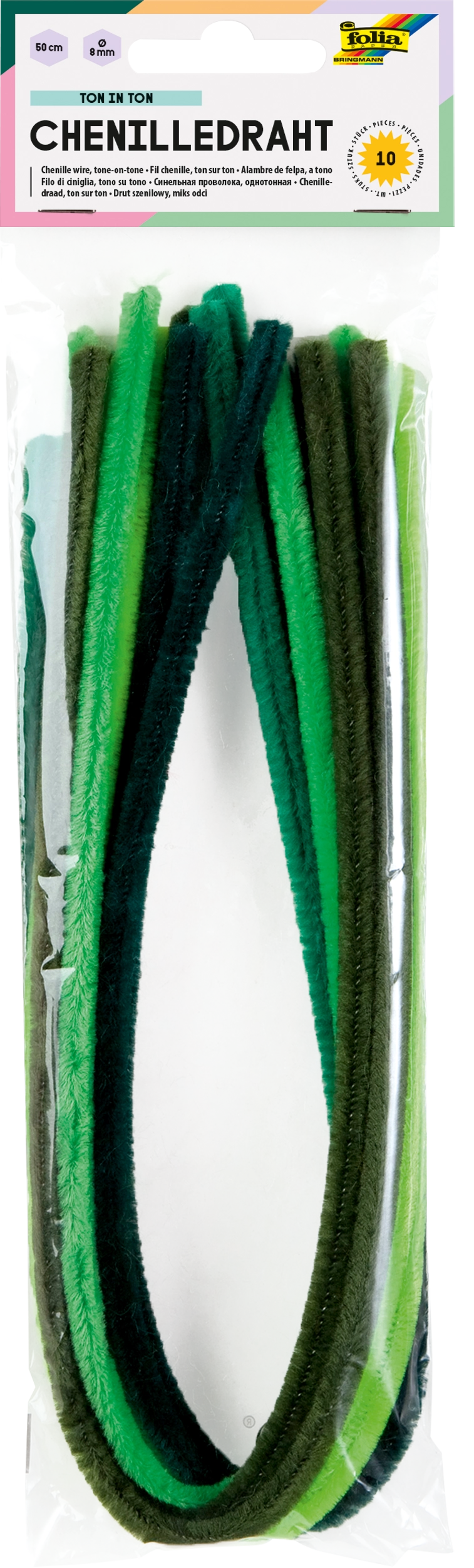 Chenille Wire, Tone in Tone, Green, Ø 8 mm, 50 cm, 10 pieces
