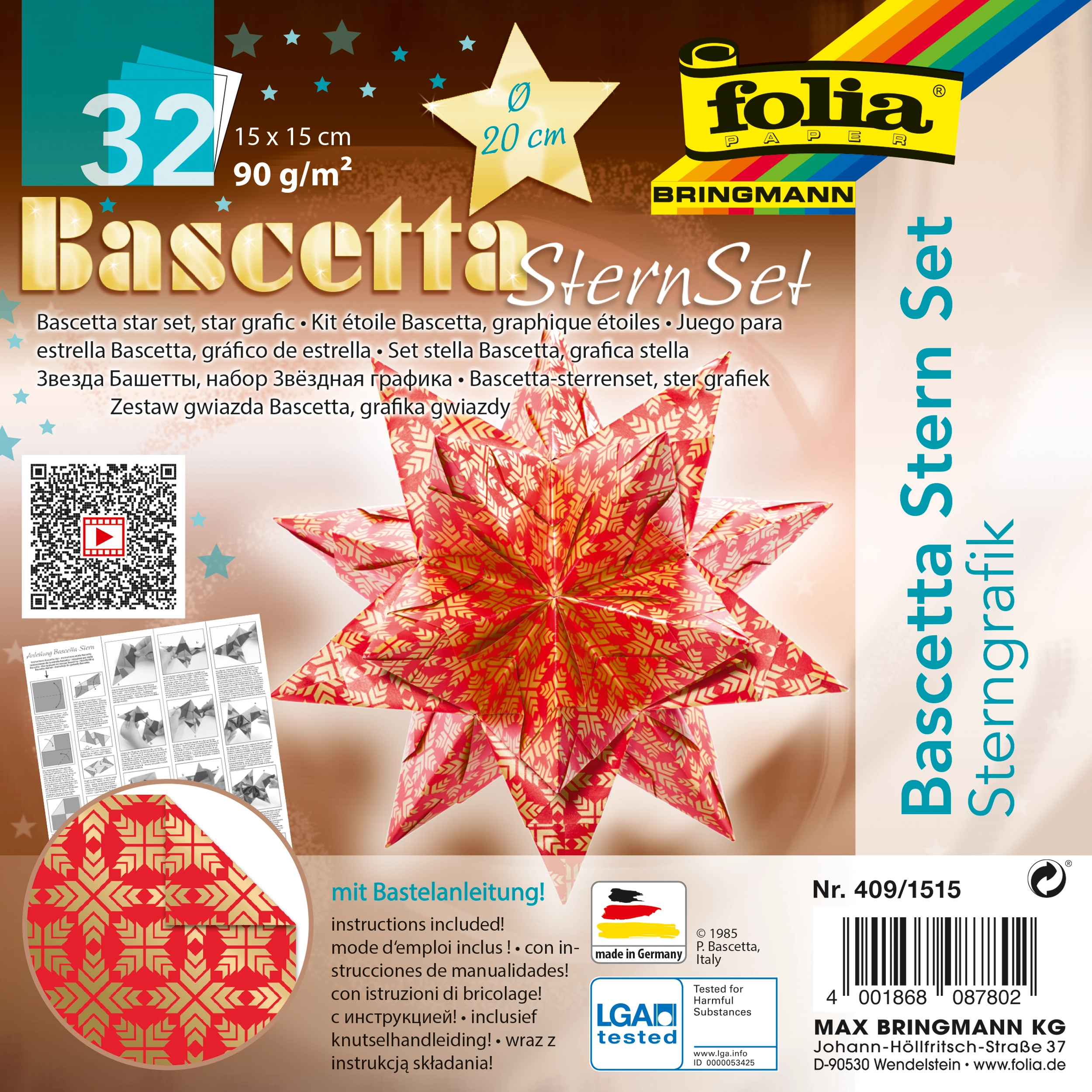 Bascetta Stern, Sterngrafik, Rot & Gold, 15 x 15 cm, 90 g/m², Ø 20 cm, 1 Stern