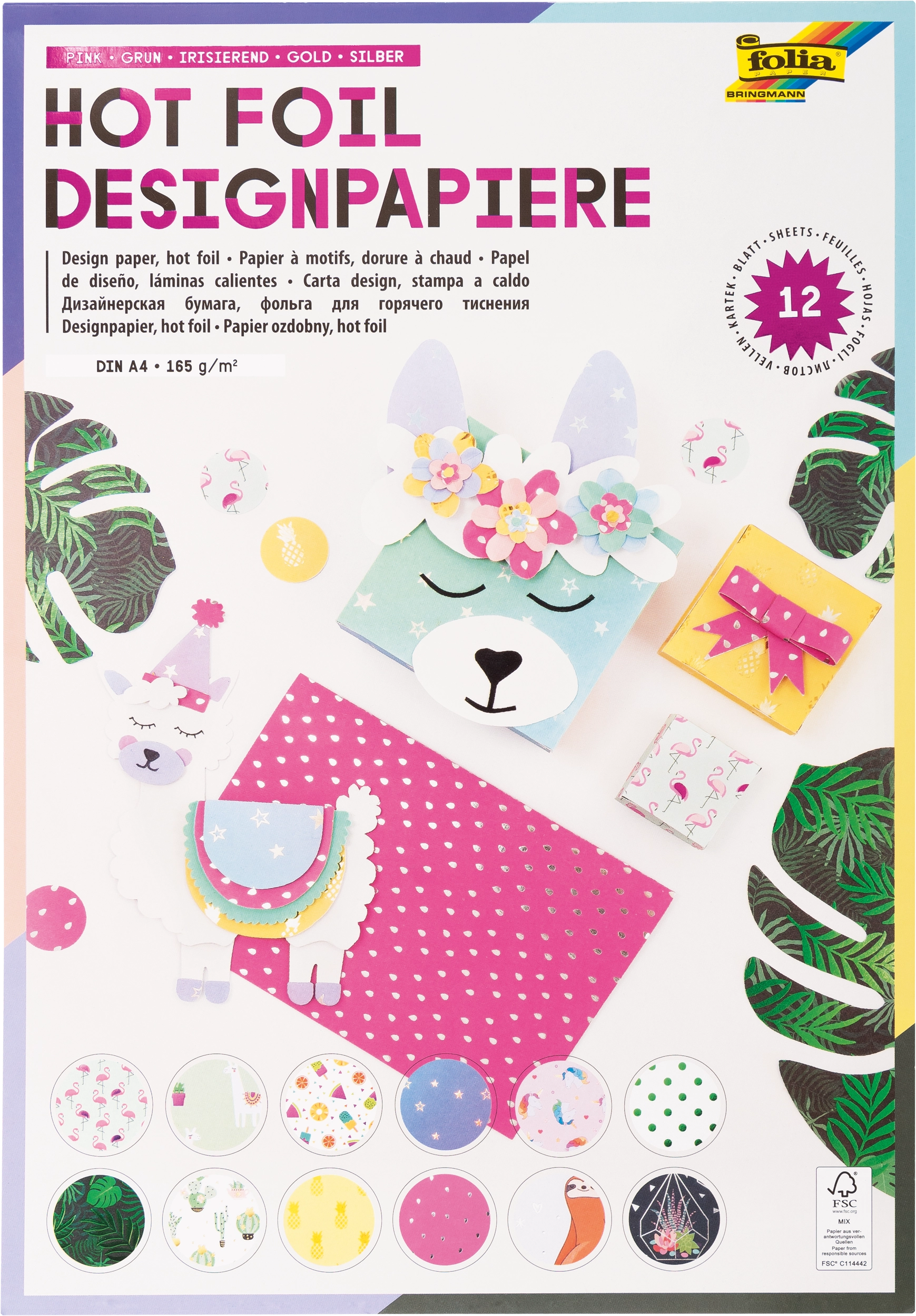 Hot Foil Design Paper Pad, Pink, Green, Iridescent, Gold, Silver, DIN A4, 165 g/m², 12 sheets