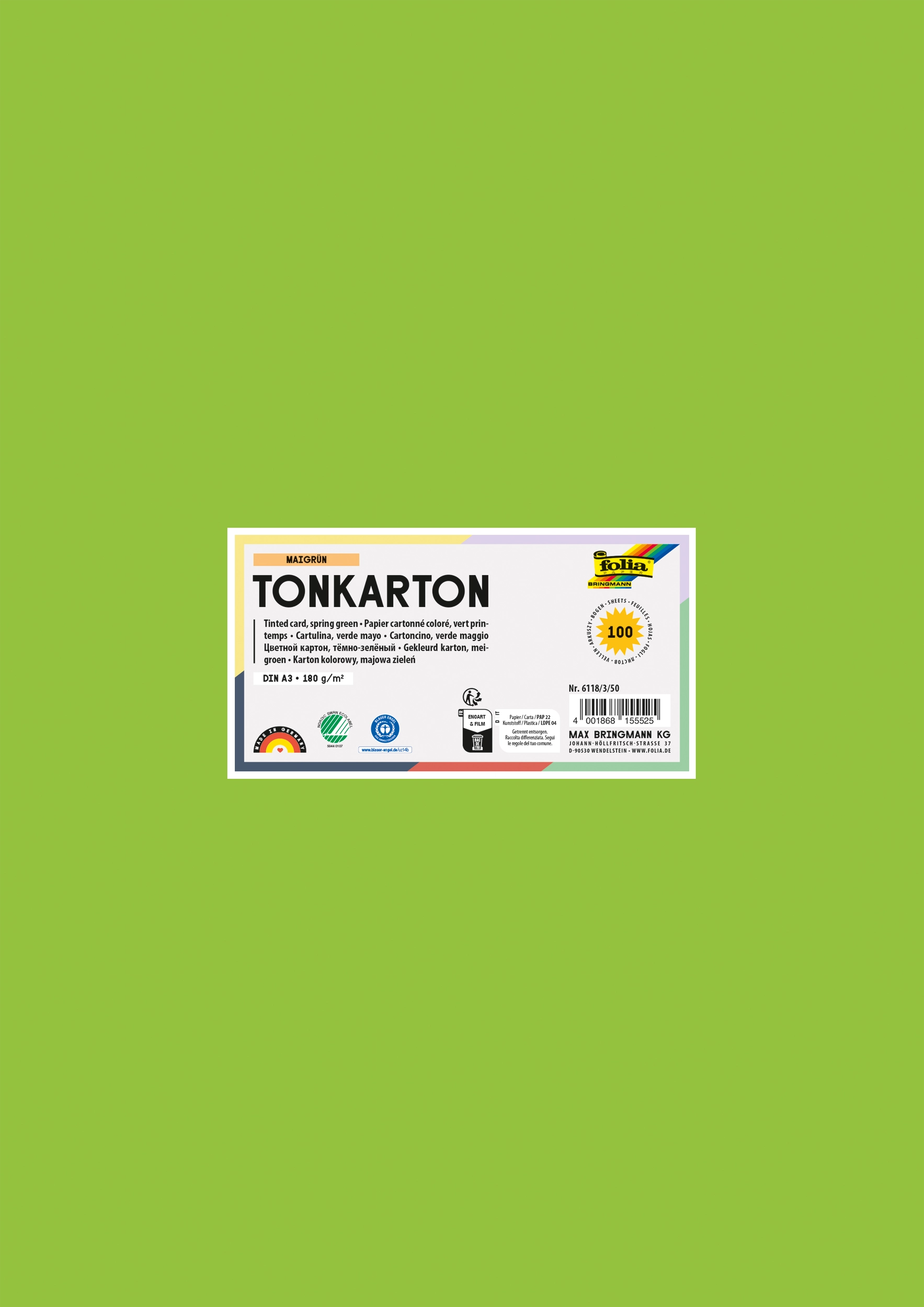 Tinted Card, Spring Green, DIN A3, 180 g/m², 100 sheets