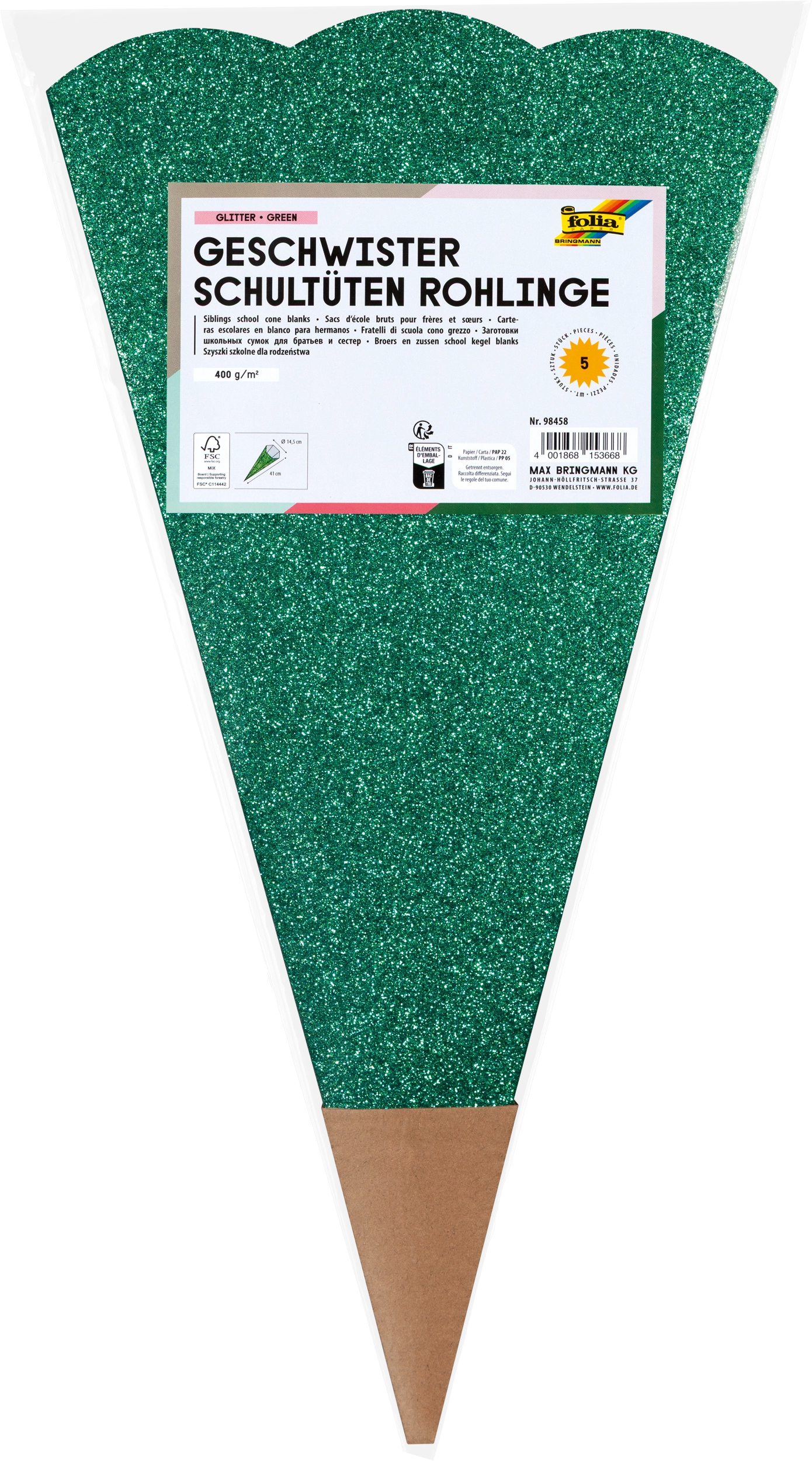 Geschwister Schultüten-Rohlinge, Glitter Green, 400 g/m², 1 Stück