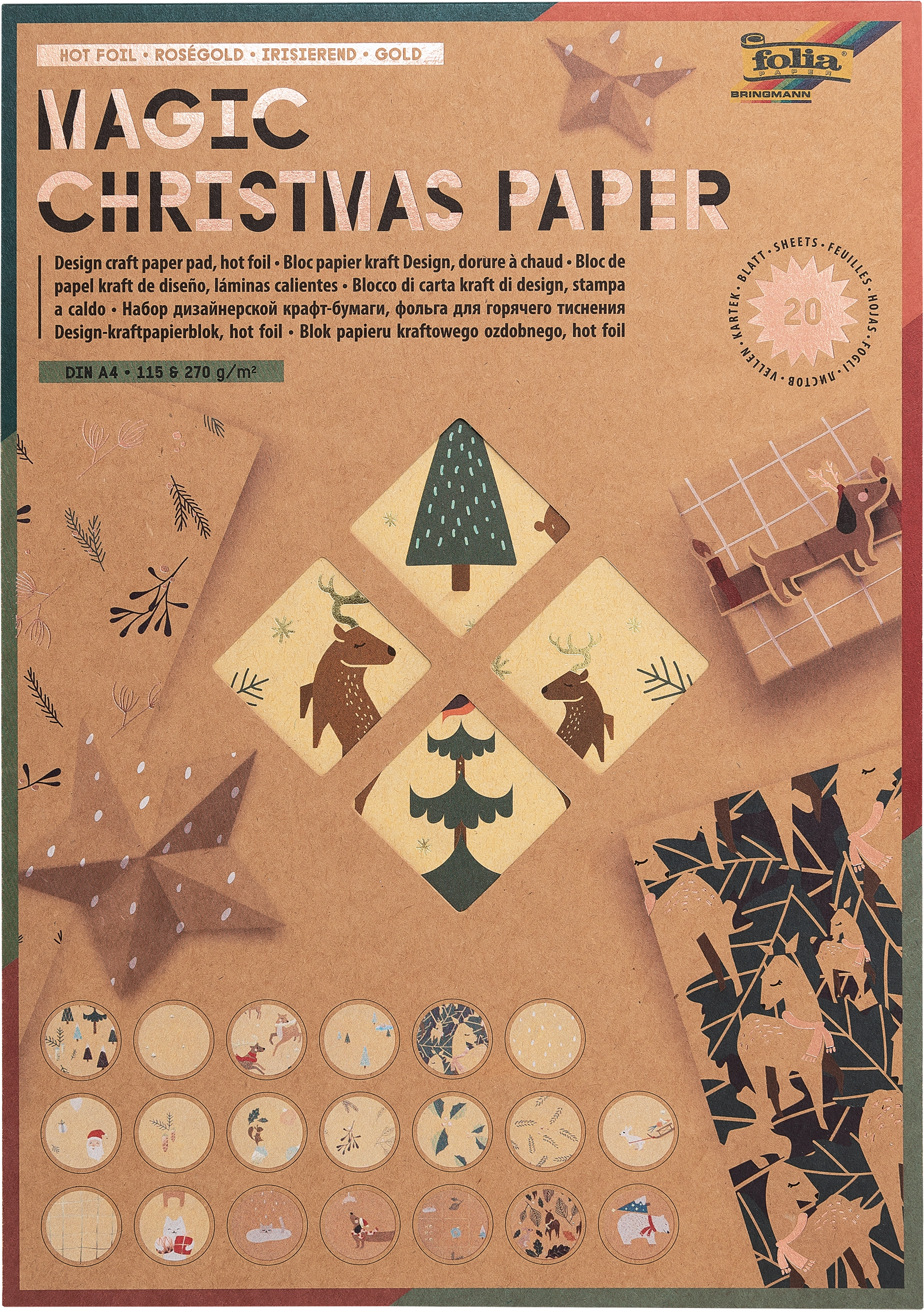 Design Paper Pad Magic Christmas Paper, Rose Gold, Iridescent & Gold, DIN A4, 115 g/m², 270 g/m², 20 sheets