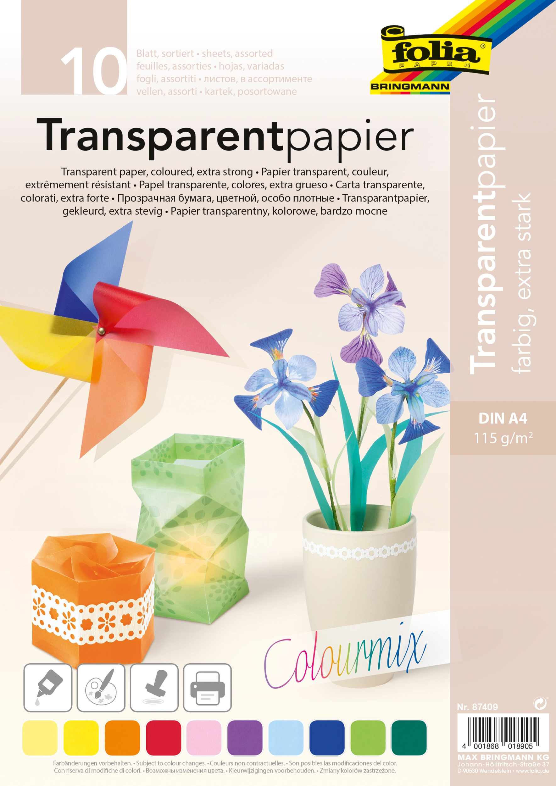 Transparentpapier, Basic Colour Mix, Extra Stark, DIN A4, 115 g/m², 10 Blatt